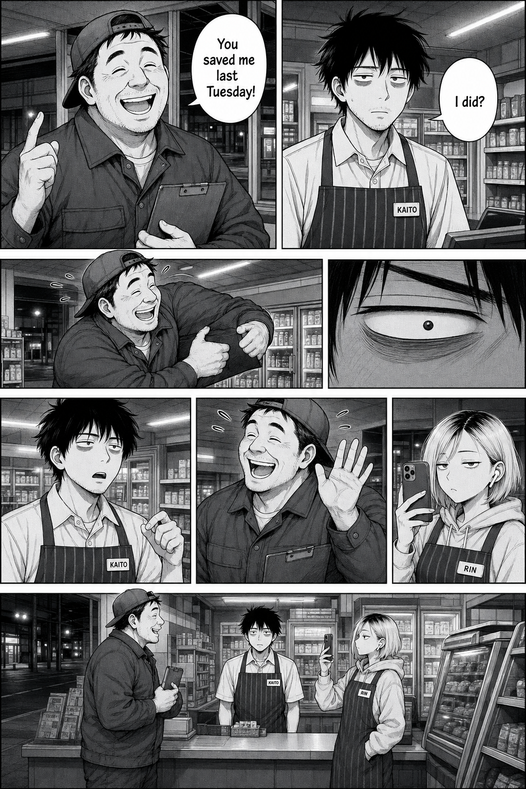 Dense eight-panel manga page: the delivery driver enthusiastically thanks Kaito for a favor last Tuesday, miming carrying something heavy, while Kaito blinks in confusion and Rin starts filming.
