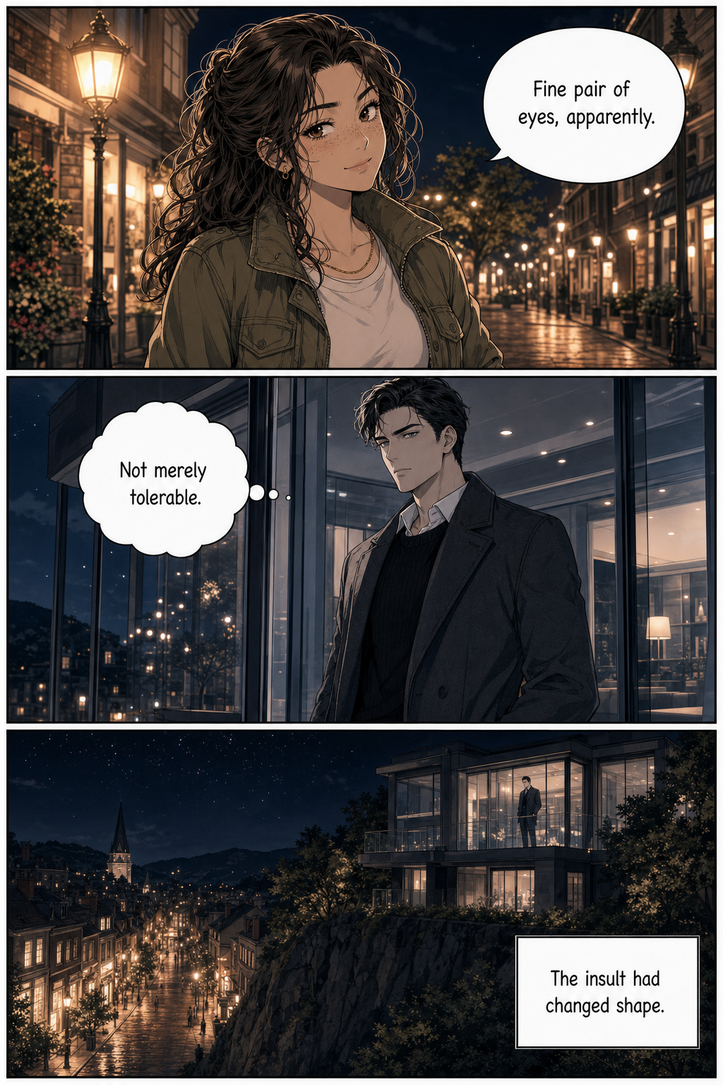 A closing contrast shows Lizzie in warm streetlight and Darcy isolated behind cool glass, both reconsidering the same insult.
