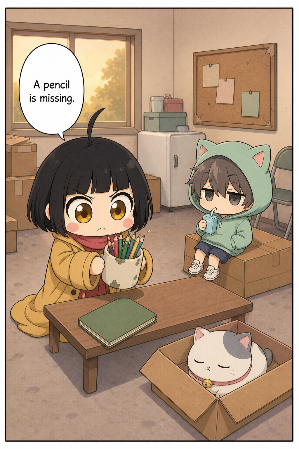 Wide view of the clubroom. A chibi girl in an oversized mustard-yellow coat holds up a chipped mug of coloured pencils with both hands, peering into it in horror, while a chibi boy in a mint-green cat-ear hoodie sips a juice box on some boxes and a small white cat sleeps in a cardboard box on the floor.