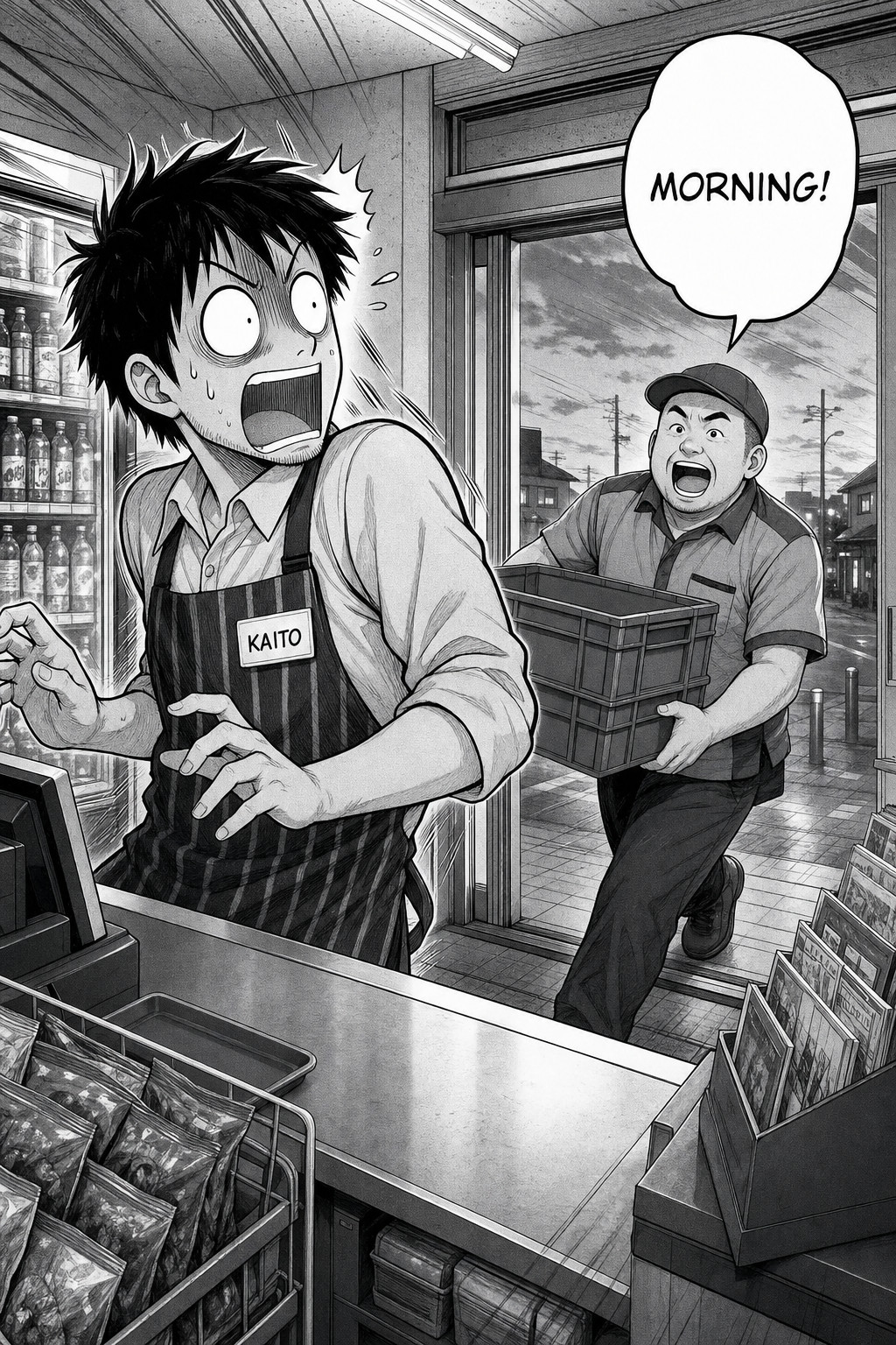 At dawn a delivery driver bursts through the sliding doors with a crate, shouting 'MORNING!' as Kaito flinches wide-eyed in shock behind the counter.