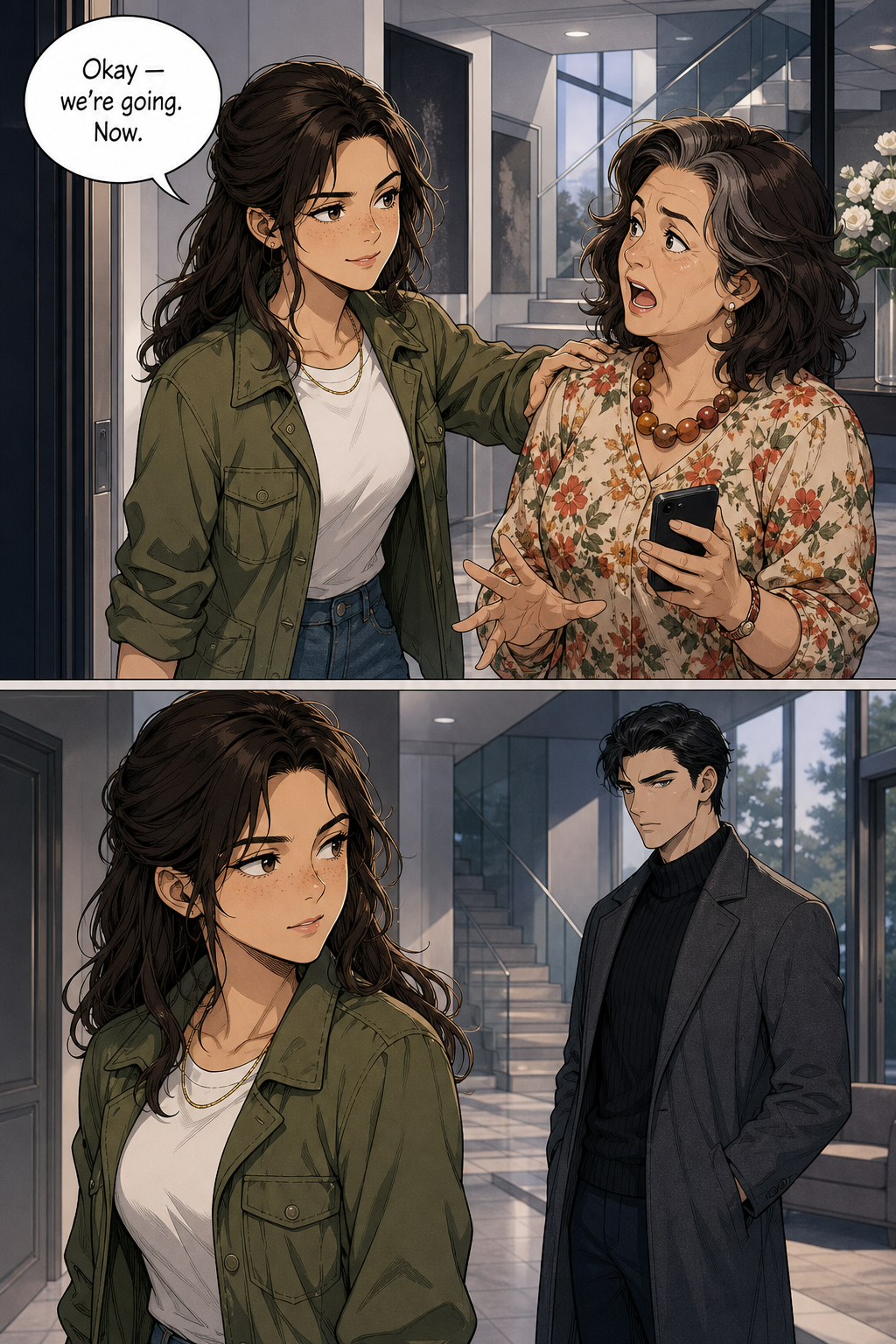 Lizzie steers her still-talking mother toward the door with a tight smile; below, she glances back at Darcy, bracing herself, while he watches quietly.