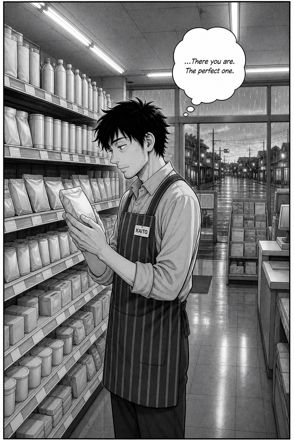 In pale pre-dawn light, an exhausted but serene Kaito cradles the item he has finally chosen.
