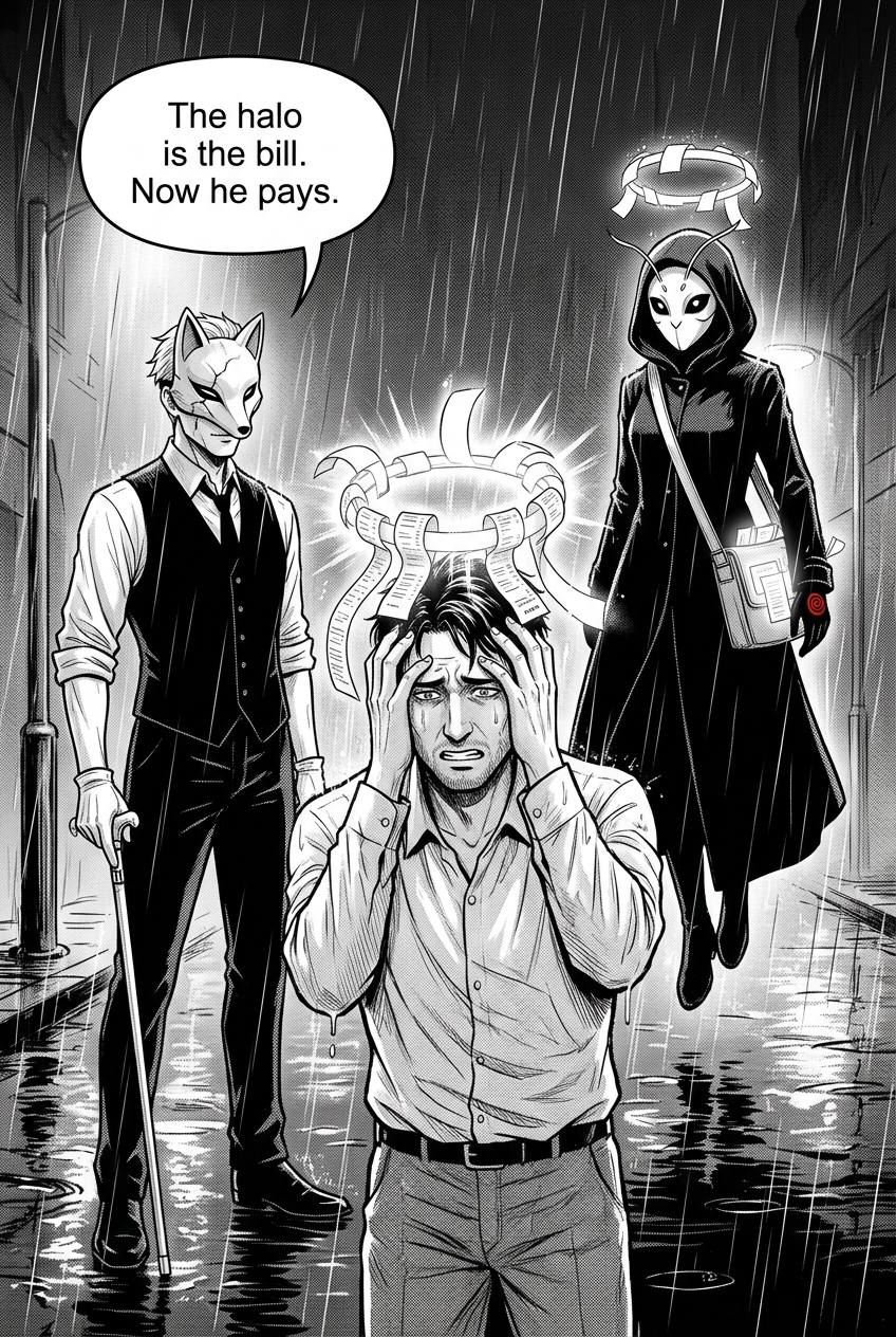 A glowing halo snaps into place over the guilty man's head against his will as he clutches his temples; the fox-visored man watches calmly and the masked courier observes.