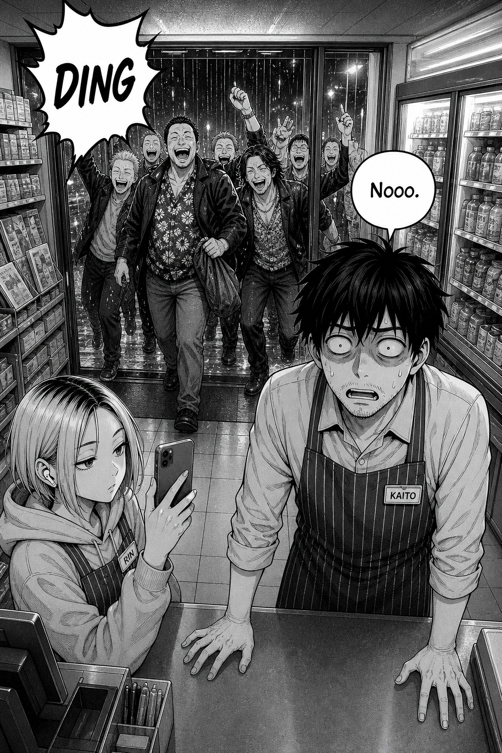 A splash panel: the sliding doors burst open and a rowdy group of laughing late-night karaoke-goers floods in out of the rain. Kaito's eyes snap open in dead-eyed horror behind the counter as Rin whips her phone up to film.