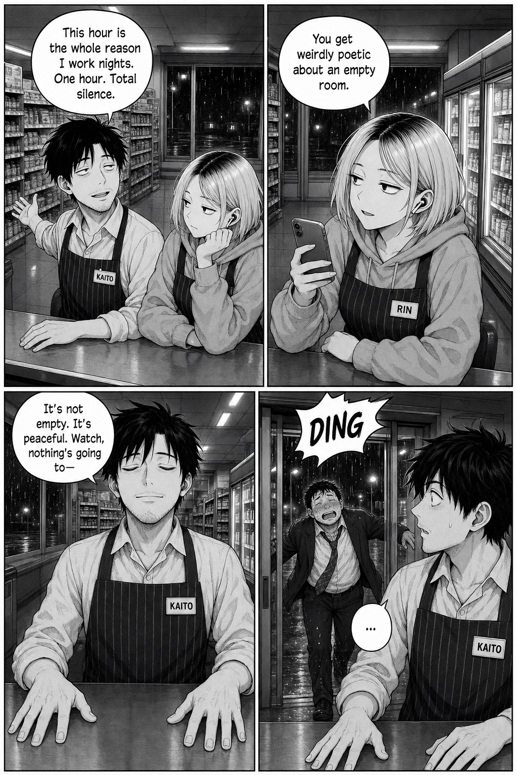 Four panels: Kaito tells Rin the dead hours are why he works nights; Rin looks up flatly from her phone; Kaito closes his eyes with a serene smile, hands flat on the counter; the doors slide open as a drunk salaryman stumbles in and Kaito's eyes snap open.