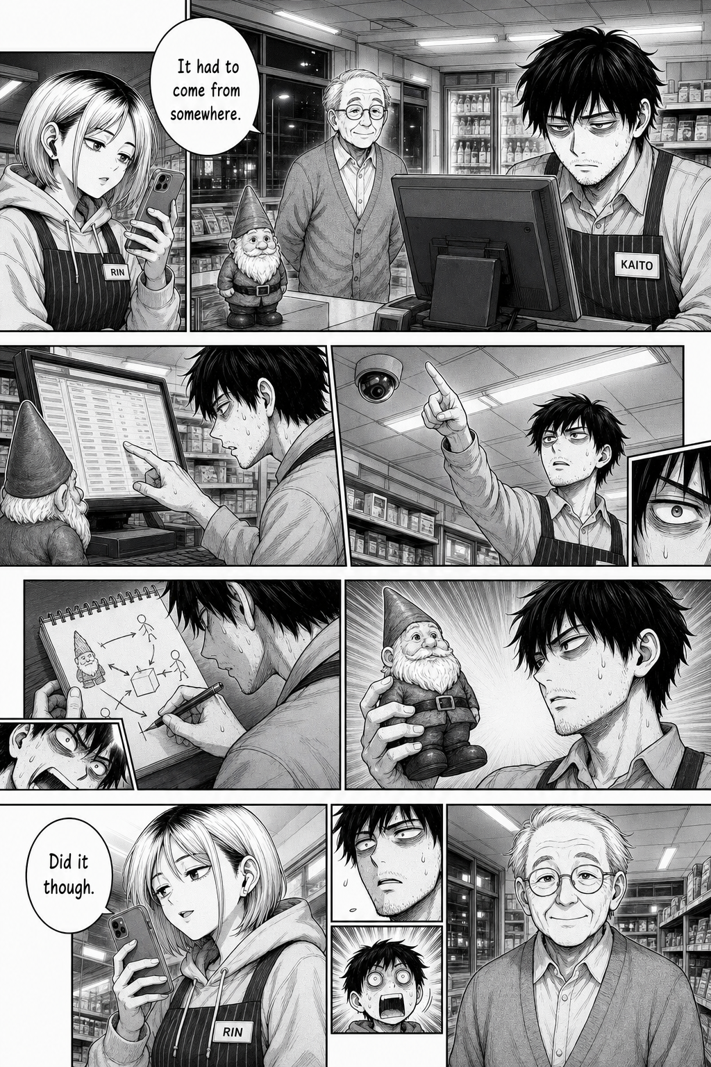 Dense manga page: Kaito goes full detective on the garden gnome — scrolling inventory records, pointing up at the security camera, sketching a diagram — while the old man waits patiently and Rin films, amused.