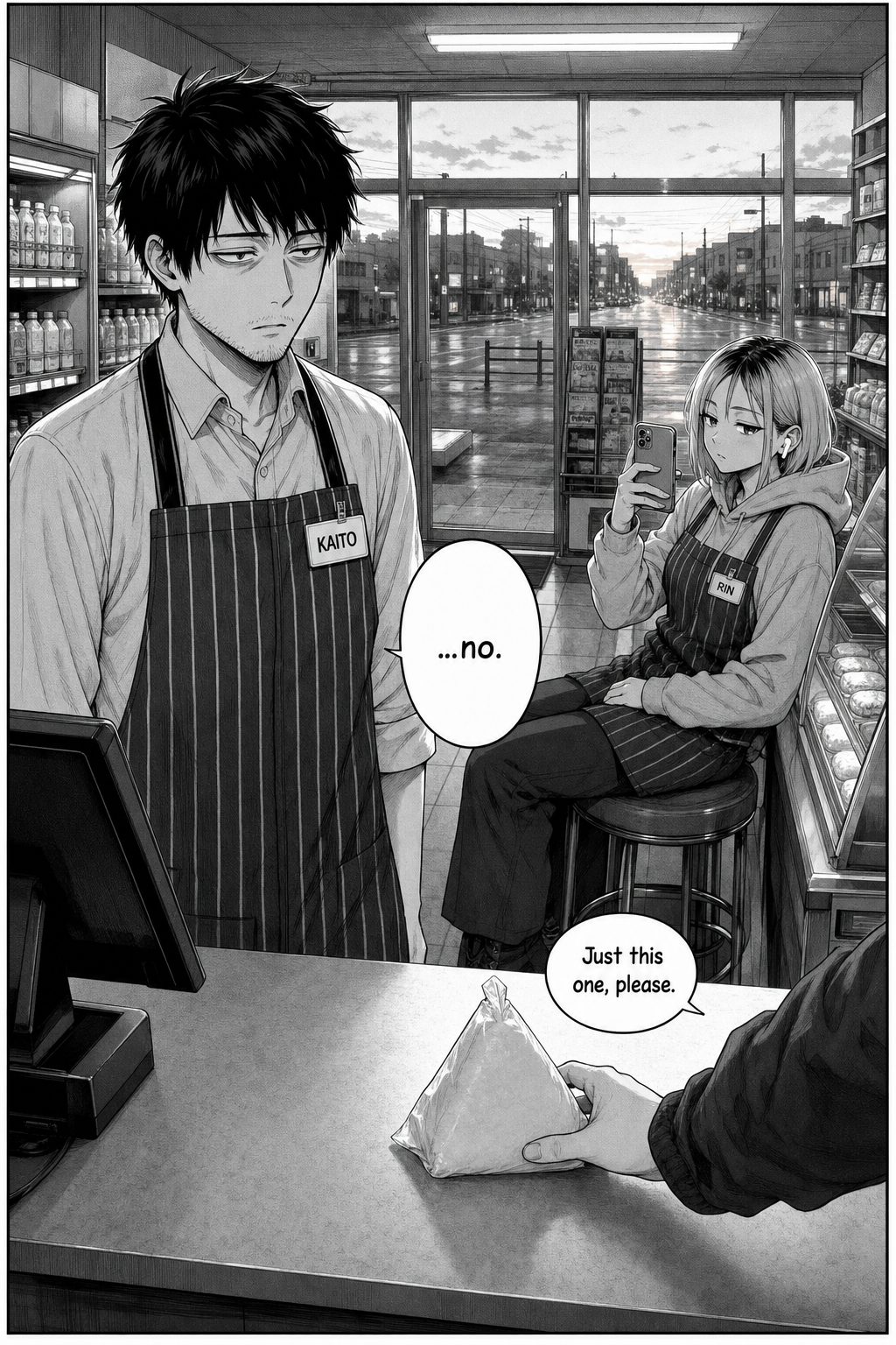 Dawn mirror of the opening: the spotless store in daylight, a new stranger sets a rice ball on the bare counter, Rin already filming, and Kaito flatly says no.