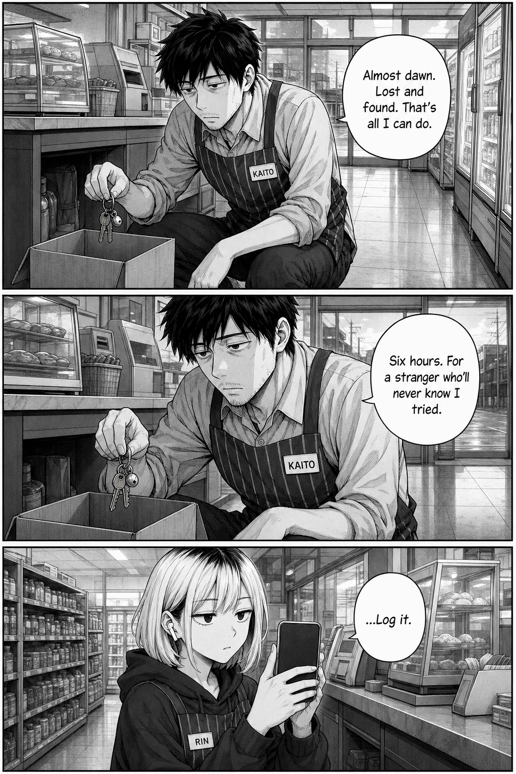 Three panels at first light: Kaito carries the keyring toward a small lost-and-found cardboard box, saying it's almost dawn and this is all he can do; he pauses over the box, noting six hours for a stranger who'll never know he tried; Rin, quietly filming and for once not gloating, says "...Log it."