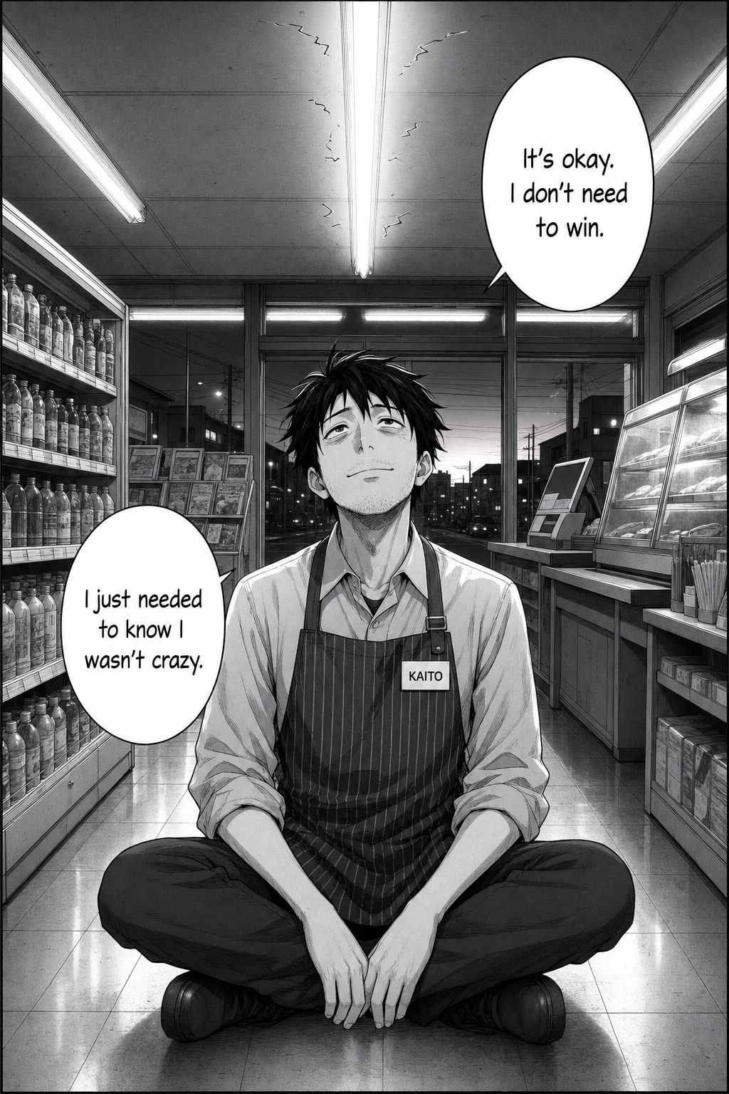 Kaito sits cross-legged beneath the tube at first light, at peace, with a serene tired smile.