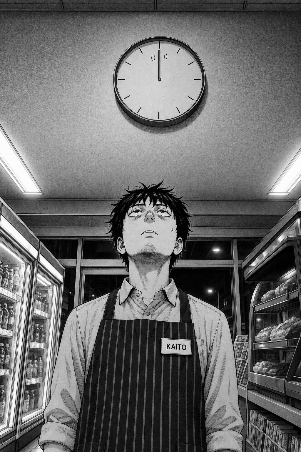 Low-angle shot looking up: Kaito stands small beneath the big wall clock, head tilted all the way back, staring up dead-eyed with a single bead of sweat. No dialogue.