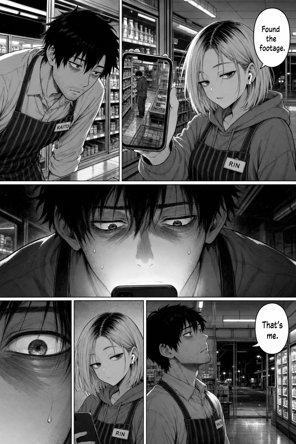 Dense six-panel manga page: Rin shows Kaito the security footage on her phone, and lit from below by the screen glow he recognizes himself in it, then looks up at the empty store.