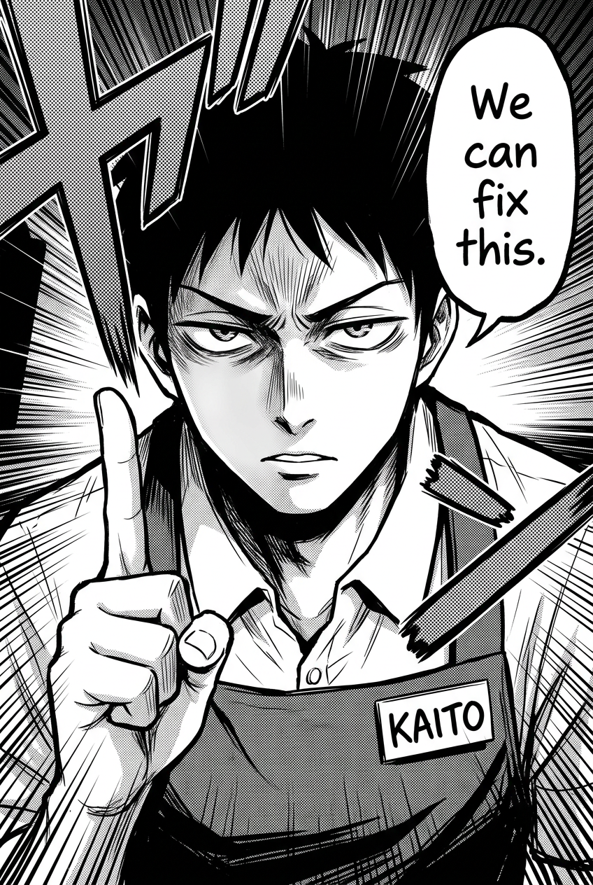 Dramatic full-page close-up of Kaito behind the counter, eyes blazing with absurd determination, one finger raised, speed lines radiating behind him.