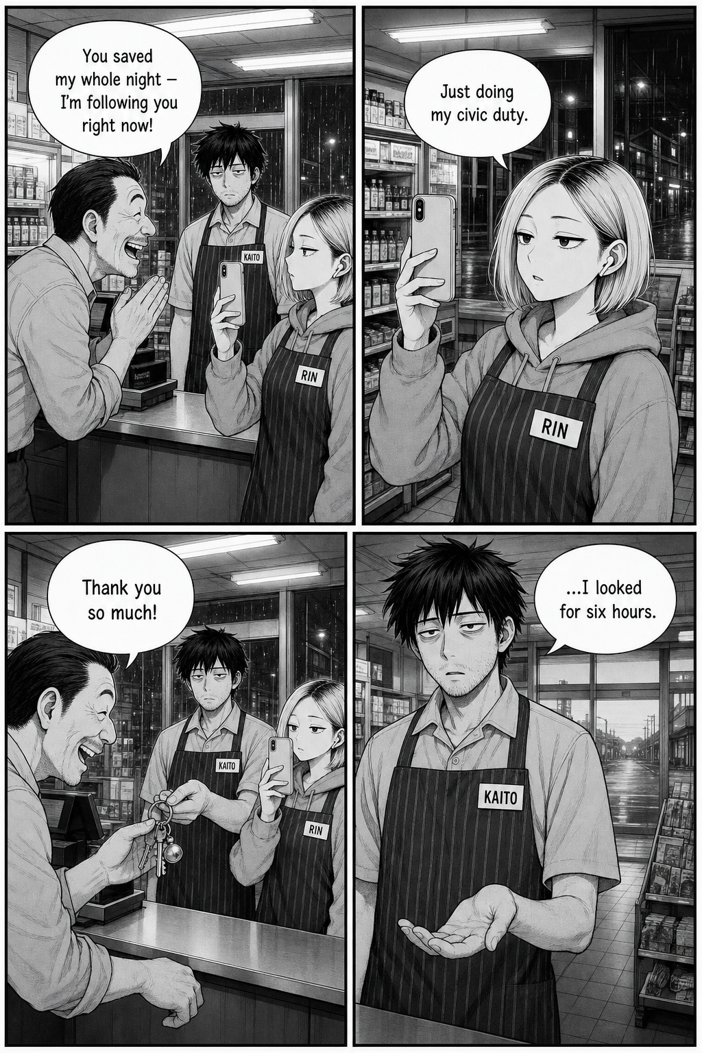 Four panels: the grateful owner leans past Kaito to thank Rin, saying she saved their night and they're following her now; Rin deadpans "Just doing my civic duty" holding up her camera phone; the owner takes the keyring from Kaito's hand without looking at him; Kaito is left with an empty open hand, staring blankly, saying he looked for six hours.