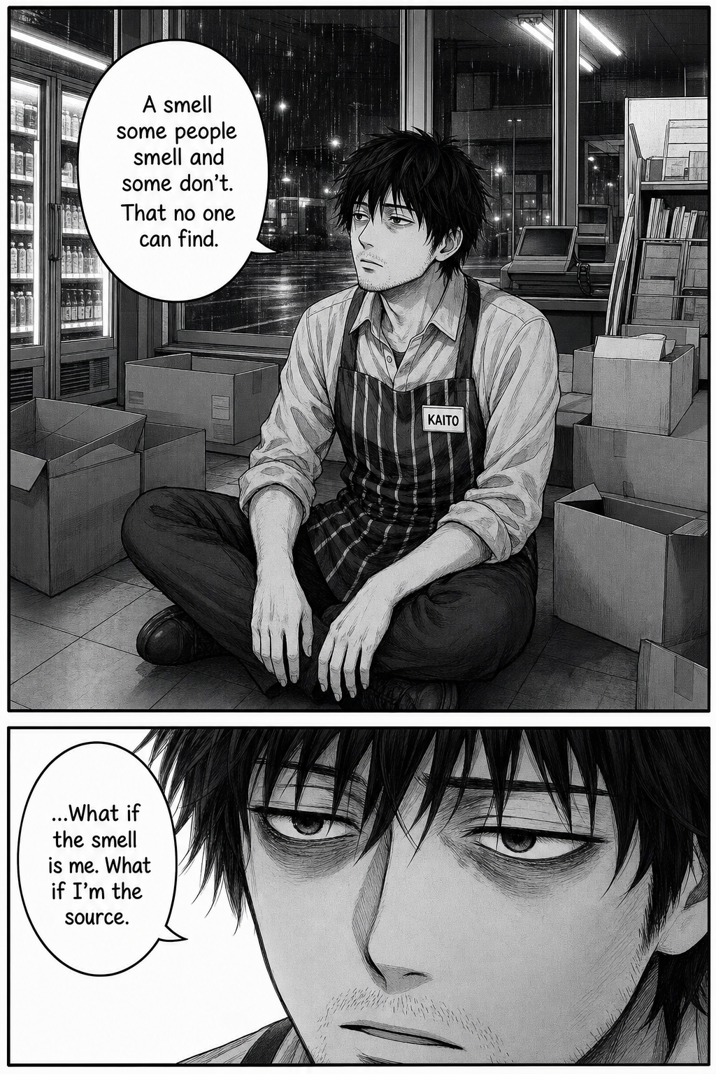 Kaito sits cross-legged on the floor among the boxes, staring into the middle distance, and quietly wonders whether the smell is him — whether he's the source.