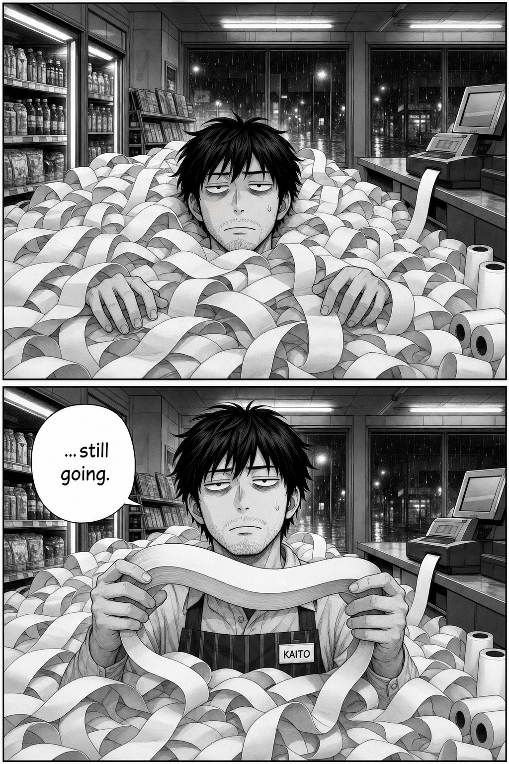 Kaito is nearly buried in paper; he lifts a huge coil toward the reader one more time, dead-eyed, muttering it's still going.
