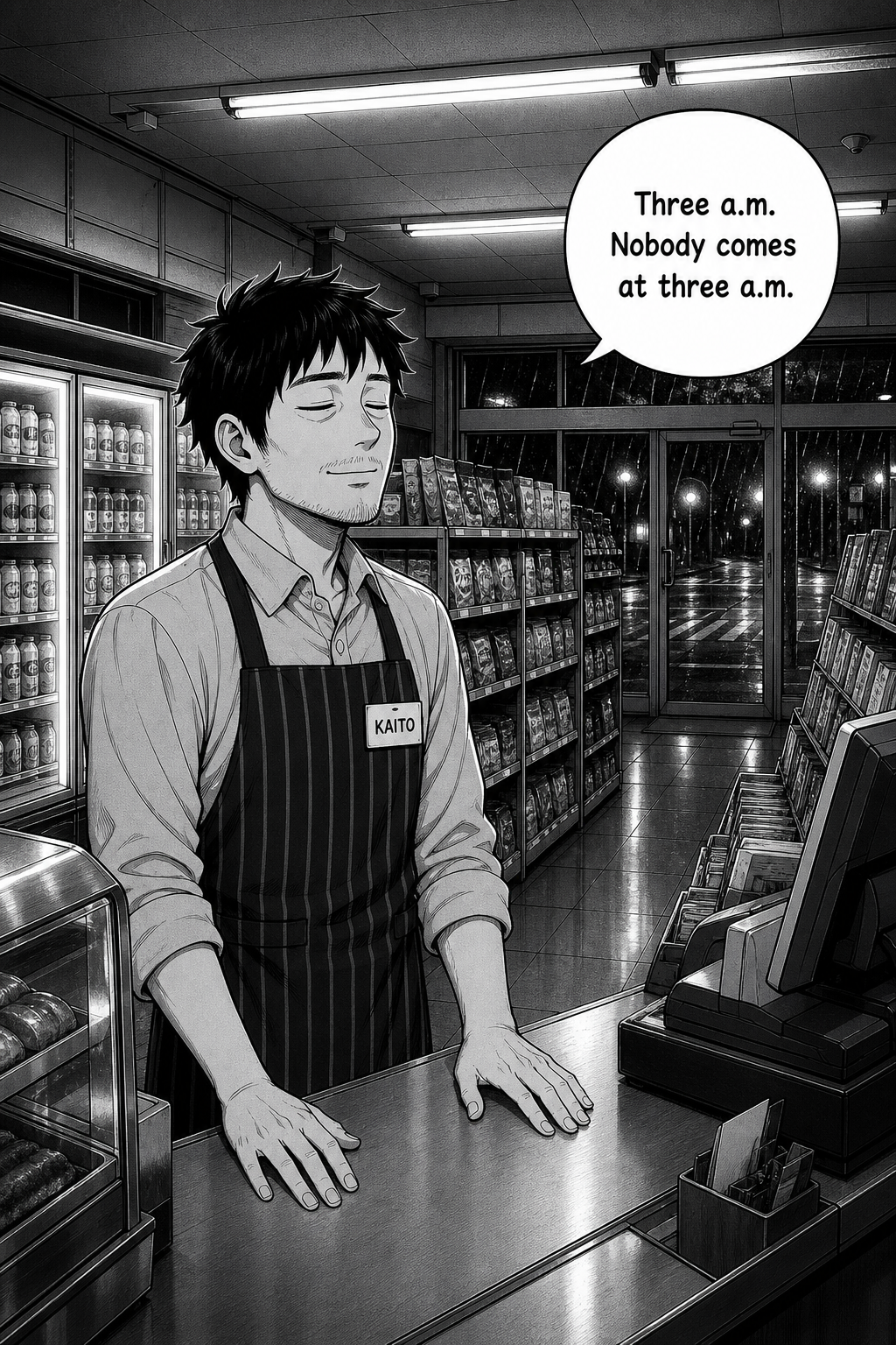 A wide establishing shot of an empty 24-hour convenience store at 3 a.m. Kaito, a tired clerk in a striped apron with a KAITO name tag, stands alone behind the register under humming fluorescent lights, rain on the dark windows behind him.