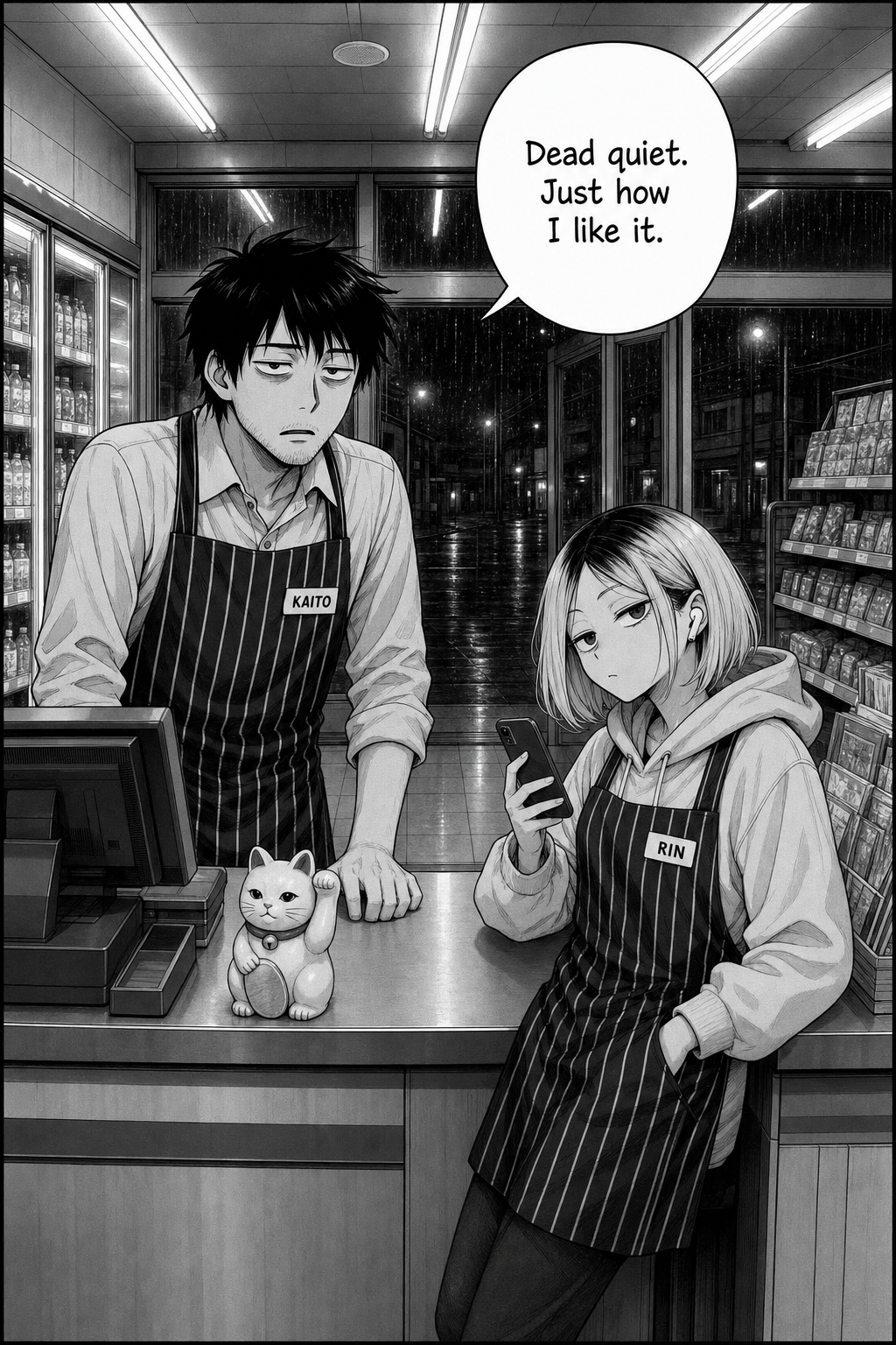 Wide night shot of a convenience store; a tired clerk, Kaito, stands behind the register beside Rin, a small lucky cat waving on the counter.