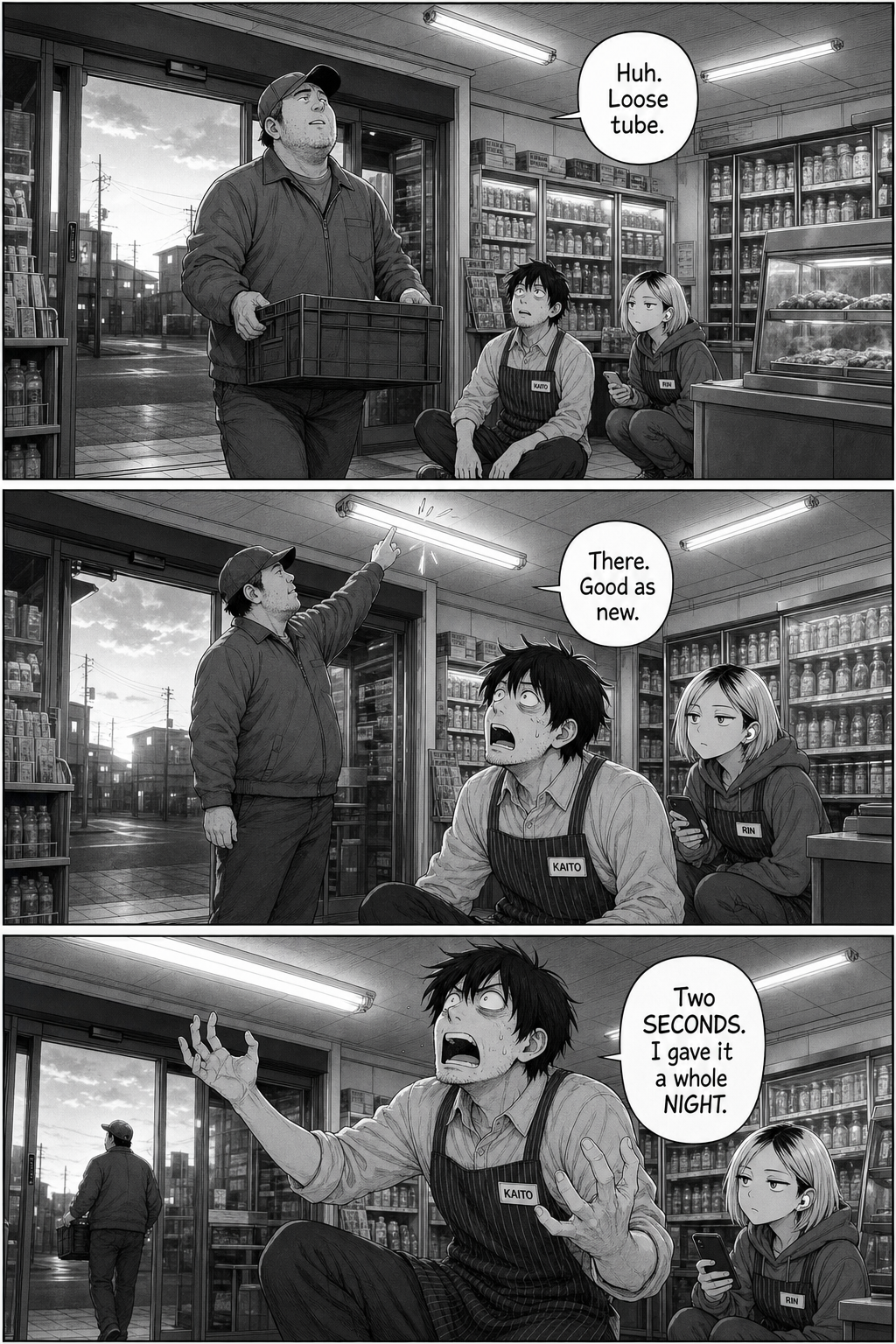 The morning delivery driver taps the loose tube once and fixes it in two seconds, to Kaito's horror.