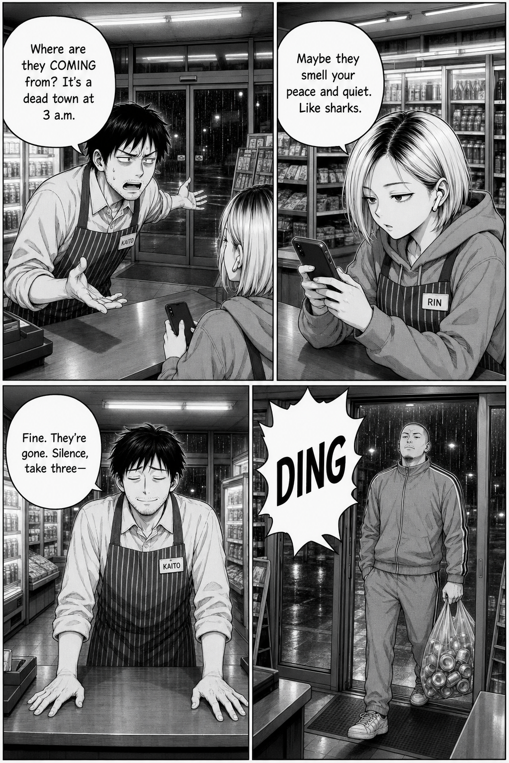 Four panels: Kaito asks Rin where the customers keep coming from; Rin deadpans that they smell his peace and quiet like sharks; Kaito closes his eyes for calm again; the doors open as the tall shaved-head tracksuit regular enters with his bag of empty cans.