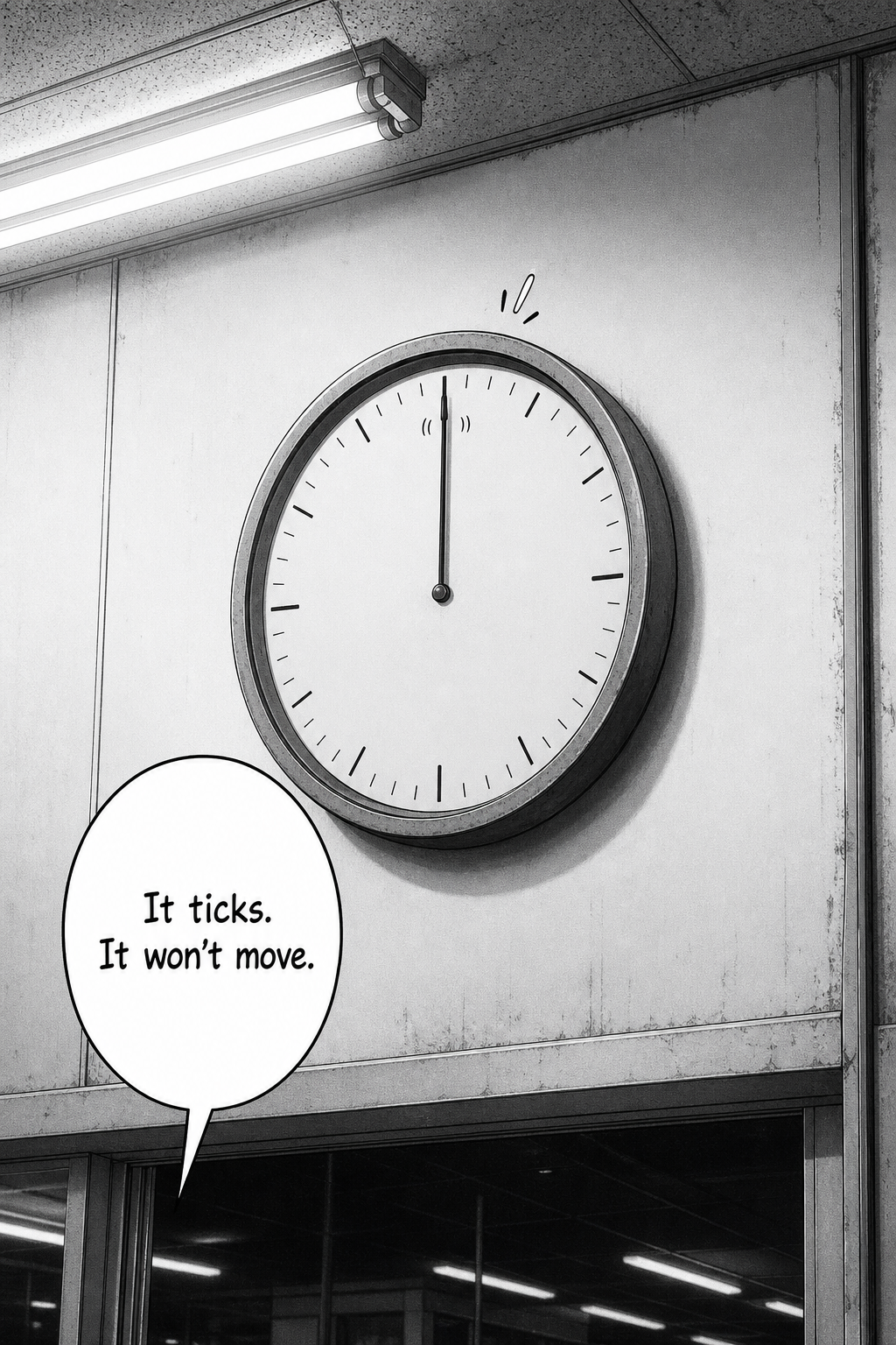 Close-up of the store's plain round wall clock. Its thin second hand is frozen pointing straight up, with small motion marks showing it twitching without advancing.