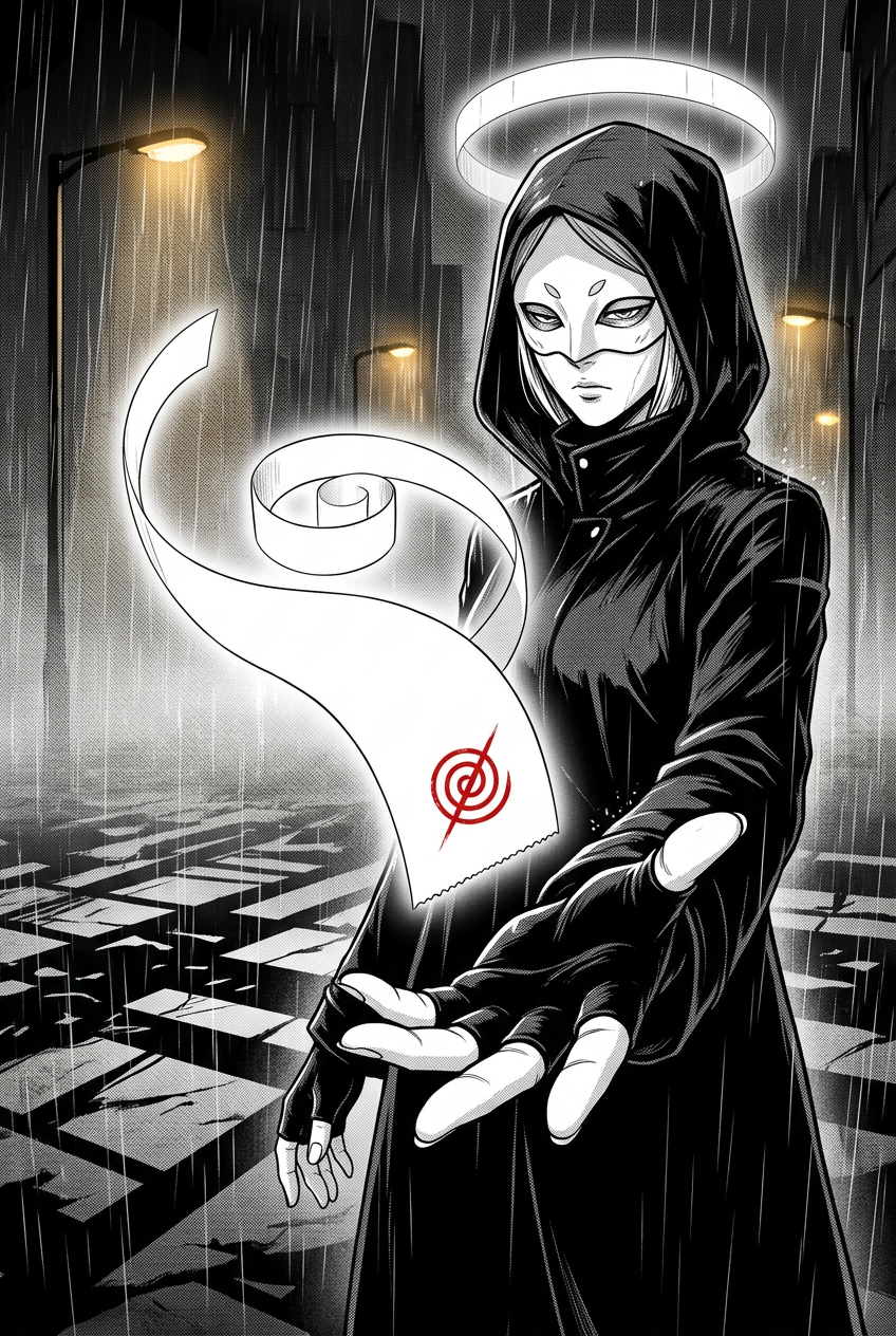 The glowing receipt lifts on its own from the courier's open gloved palm and floats upward, the red glyph glinting, accepting her as the debtor.