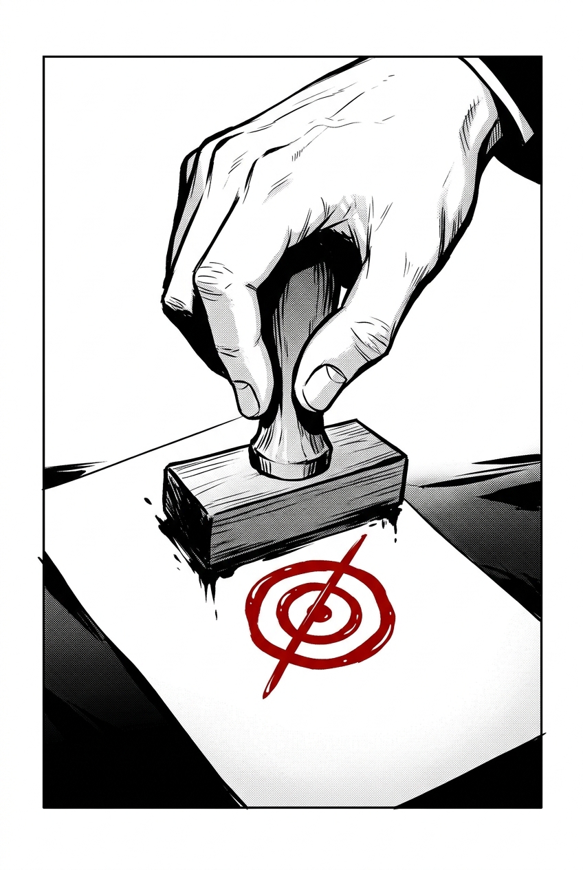 A stark flashback: a single bare, ungloved hand presses a red stamp onto a blank receipt, leaving the spiral-and-slash glyph.