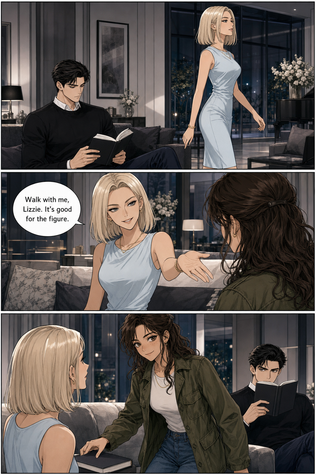In three panels, Caroline parades across the room past an unbothered Darcy, invites Lizzie to walk with her, and Lizzie rises with a smirk as Darcy watches over his book.