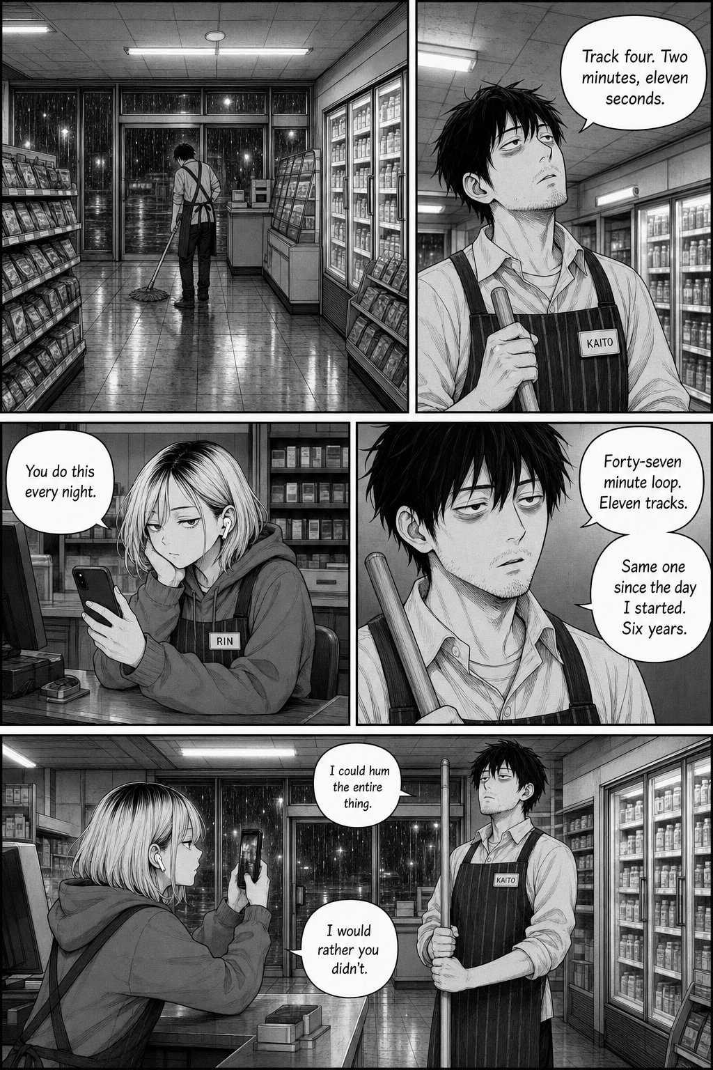 Five panels. A wide night shot of an empty convenience store with rain on the windows, then Kaito mopping and naming the song playing overhead while Rin, bored behind the register, refuses to be impressed.