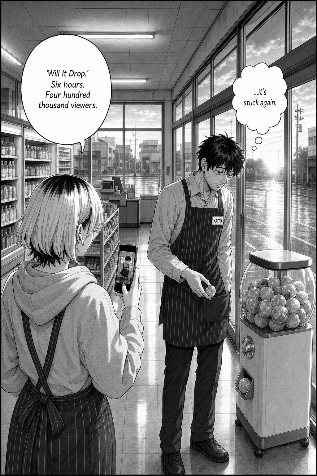 Dawn light fills the spotless store, mirroring the opening; Kaito pockets the empty shell while a fresh capsule is already jammed in the machine and Rin films.