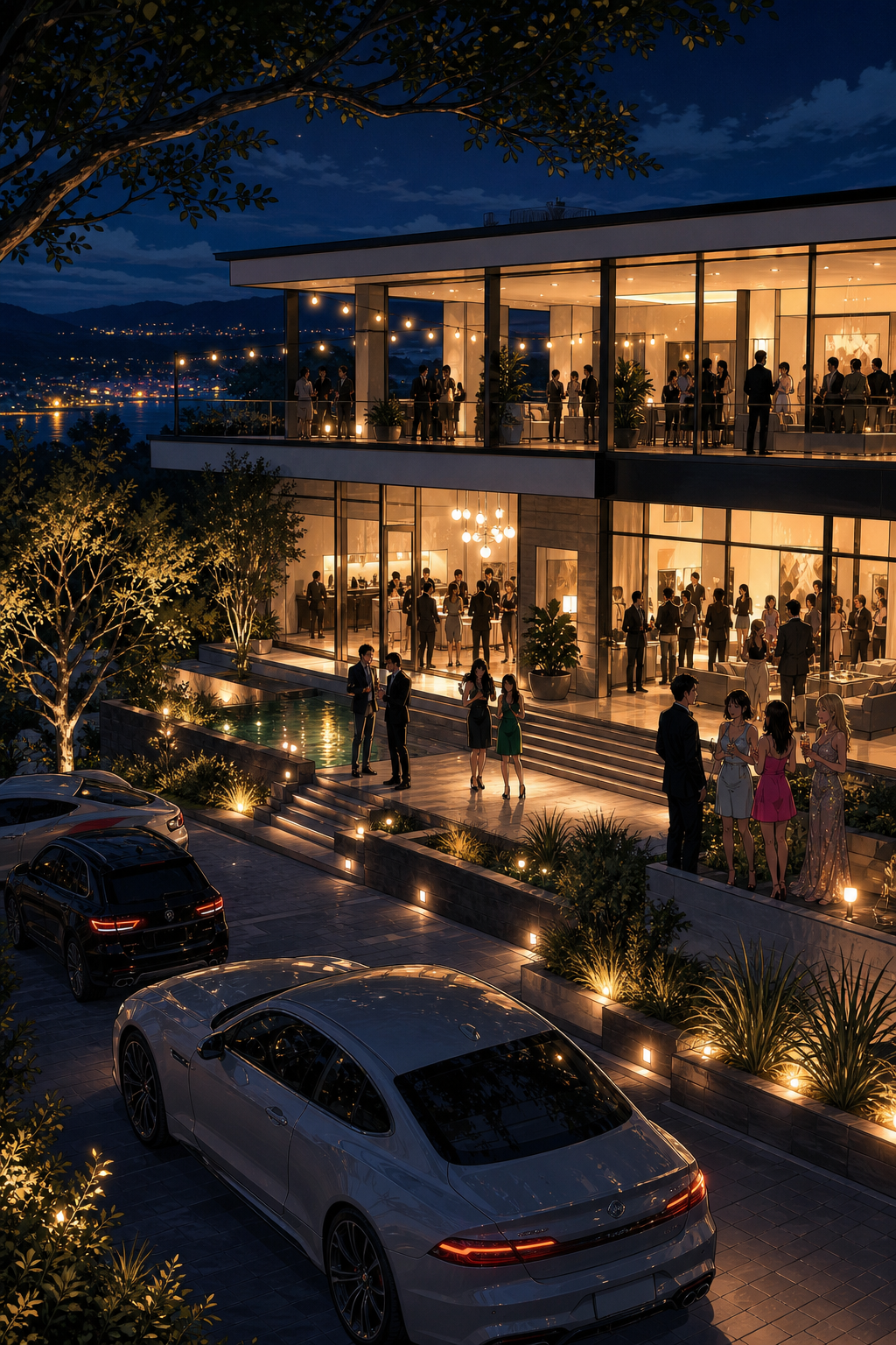 The sleek glass Netherfield mansion lit up at night for a party, warm golden light and string lights spilling out over a terrace of well-dressed guests, cars in the drive, cool blue night beyond.