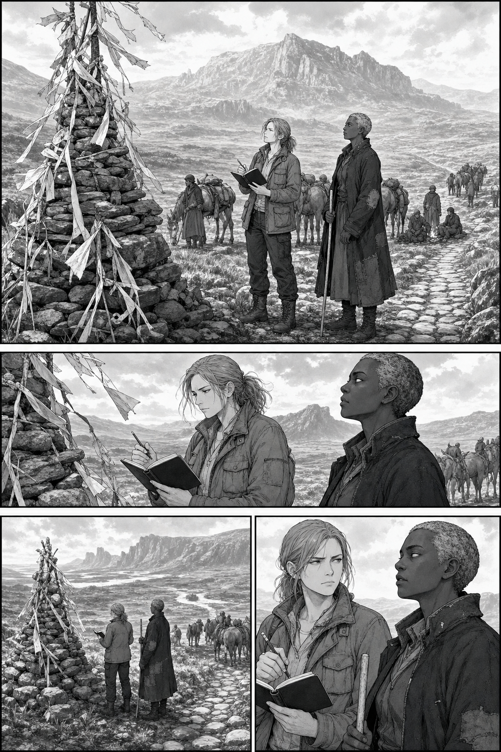 A small caravan camp gathers around a cairn hung with blank ribbons while Merel studies it skeptically and Adai listens beside her.
