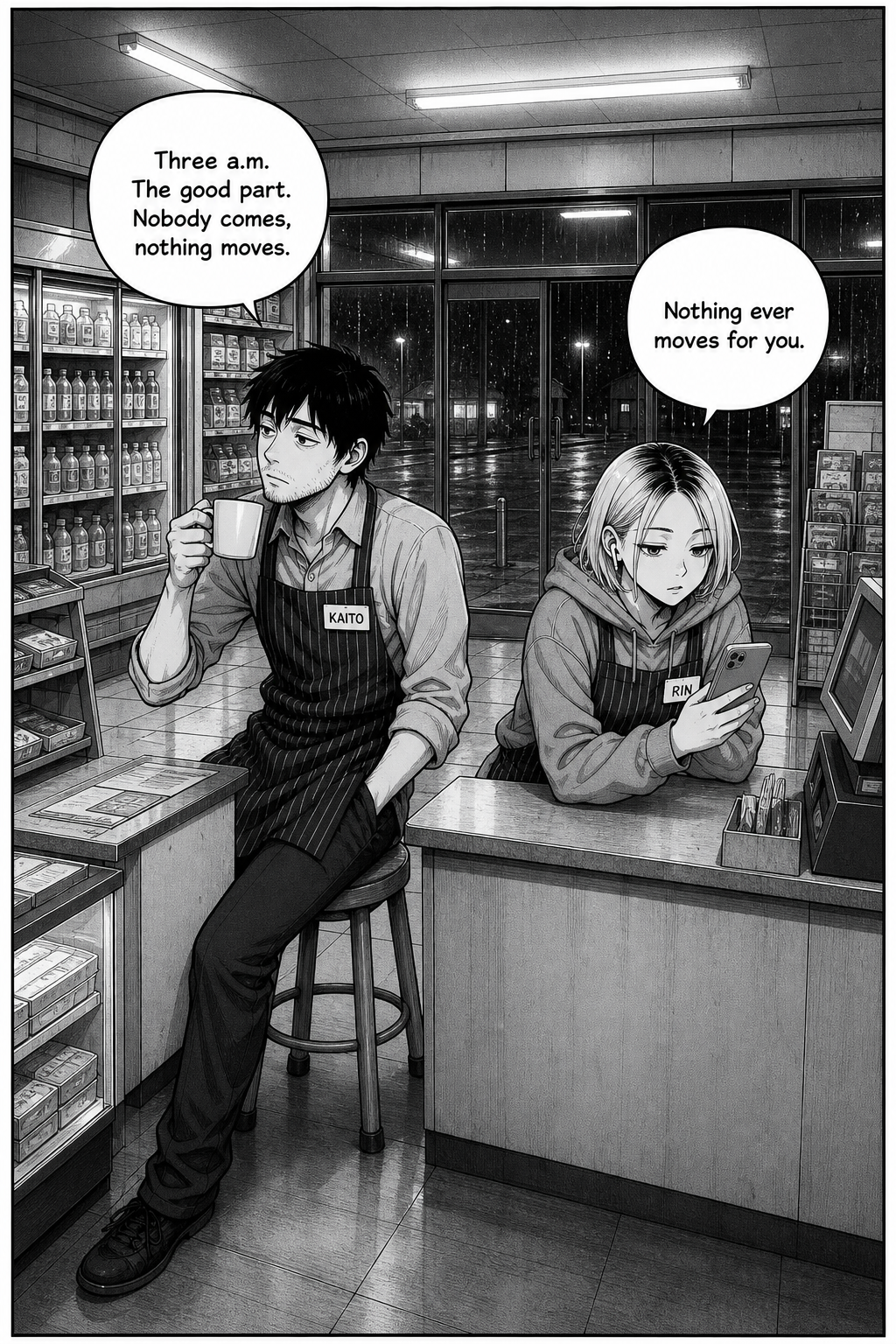 Wide night view of a 24-hour convenience store. Kaito sits on a round wooden stool behind the register; Rin leans on the counter looking at her phone. Rain streaks the dark windows.