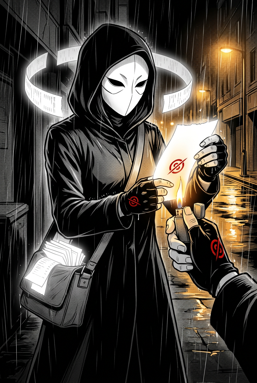 The courier holds the glowing receipt to a lighter flame, but it refuses to burn — glowing brighter instead — while her gloved hands tremble.