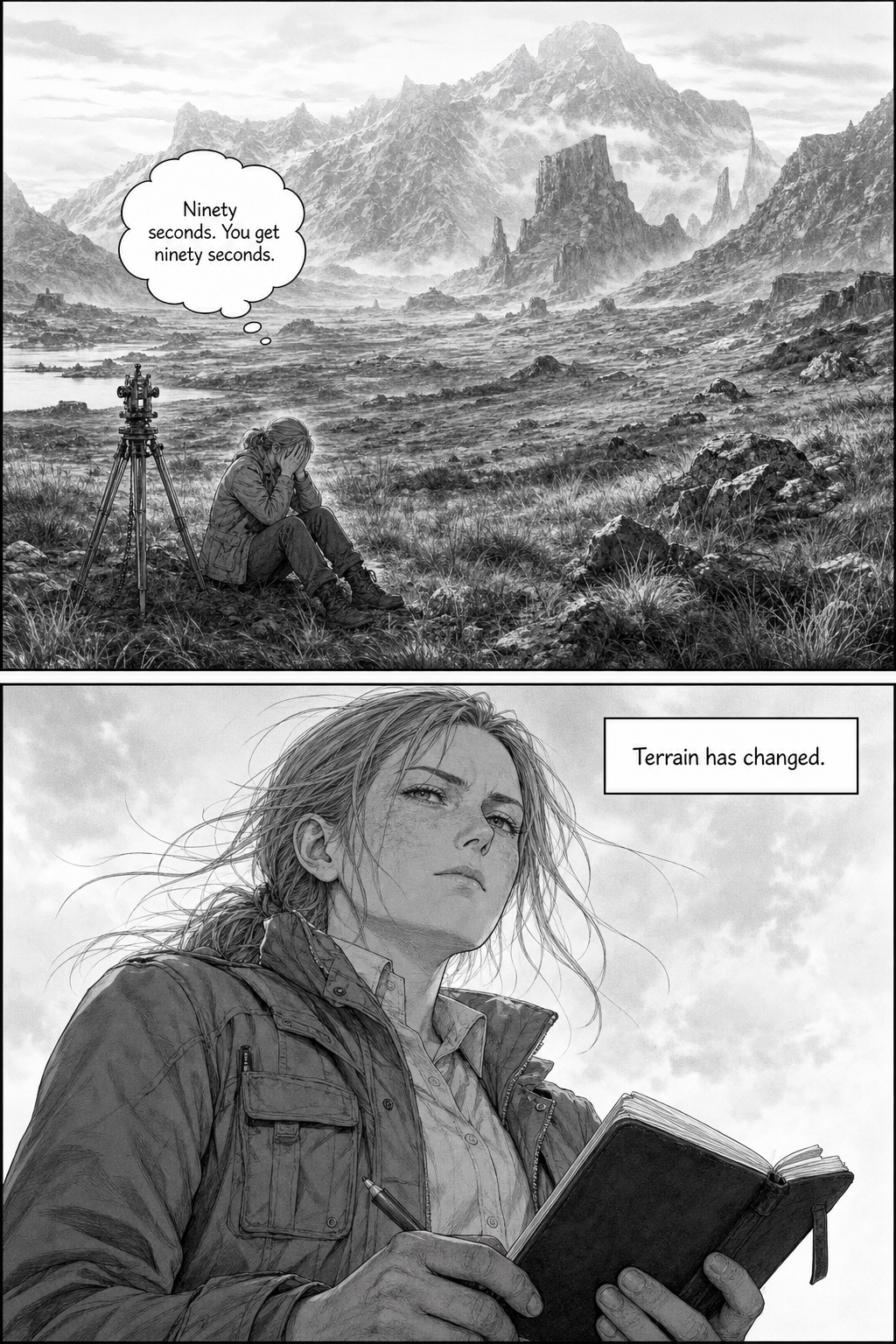 Merel sits in the moorland beside her surveying tripod with mountains behind her, overwhelmed at first, then visibly composes herself with her notebook open.