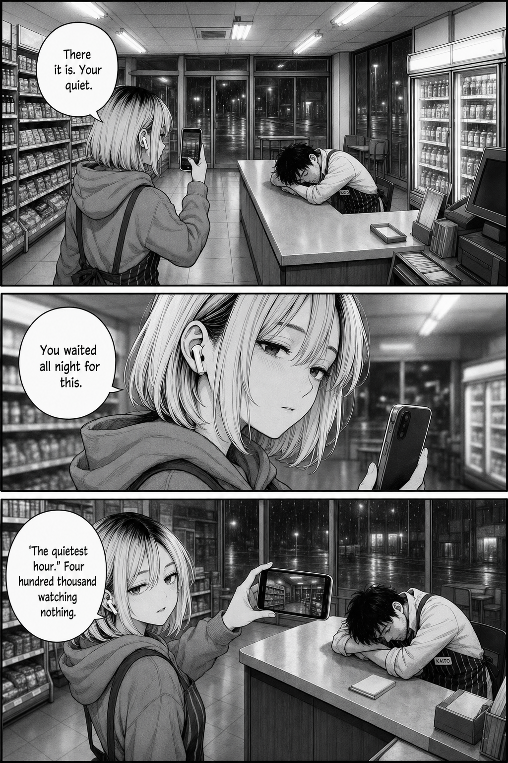 Three panels: Rin steps around the counter, filming the peaceful empty store and the sleeping Kaito; a close shot shows a genuine flicker of softness as she says he waited all night for this; then she turns the phone to the room, deadpan, noting four hundred thousand are watching nothing.