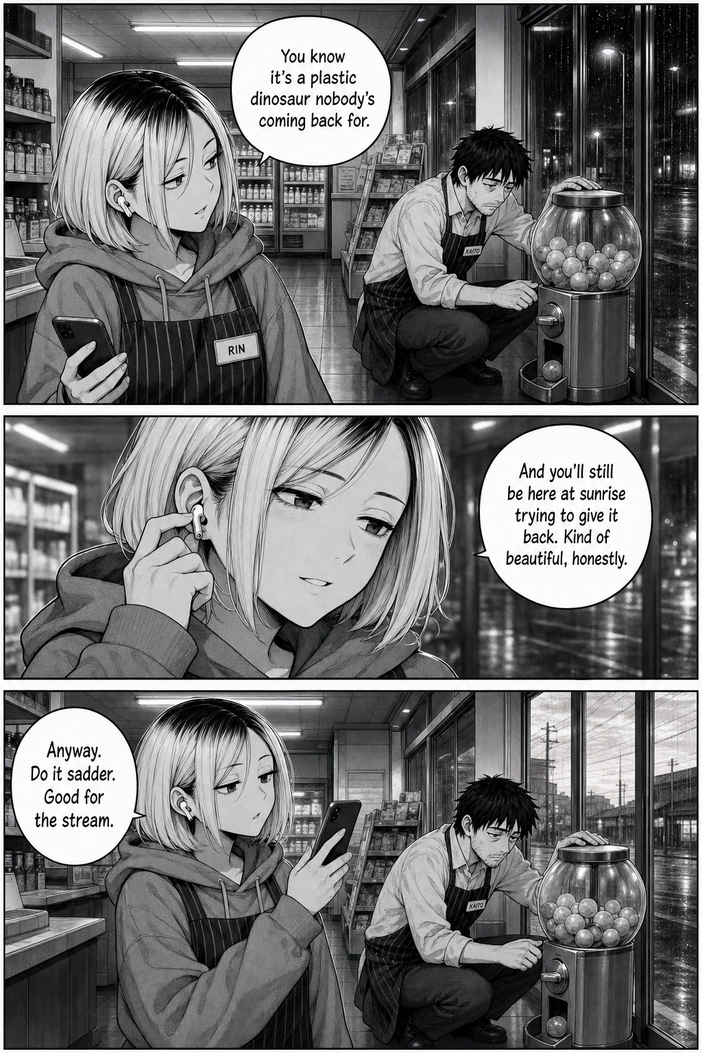 Rin lowers her phone and, almost sincere, tells Kaito he'll still be here at sunrise trying to give a plastic toy back — then restores her deadpan.