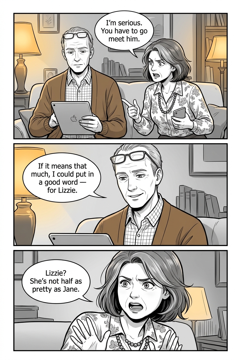 Three panels: Mrs. Bennet blocking the tablet all business; Mr. Bennet setting the tablet down and looking at her over his glasses; and Mrs. Bennet objecting with her hands up.