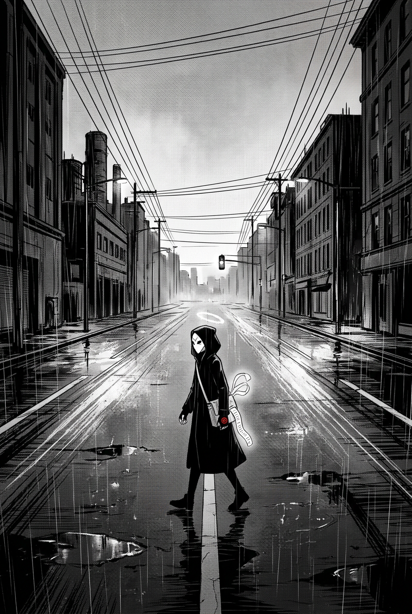 The masked courier walks small and alone down the center of a vast, empty, rain-flooded avenue at pre-dawn, amber reflections stretching across the wet asphalt.
