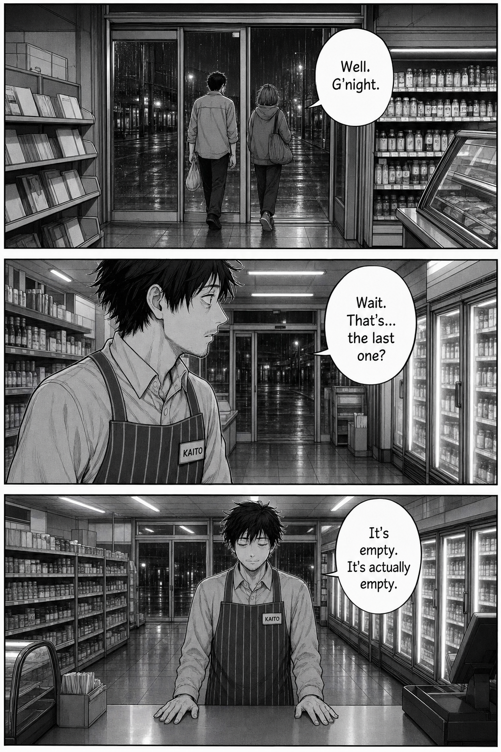 Three panels: the last customers drift out through the doors; Kaito watches, cautious hope dawning; the store stands empty and silent as he stands very still, almost afraid to believe it.