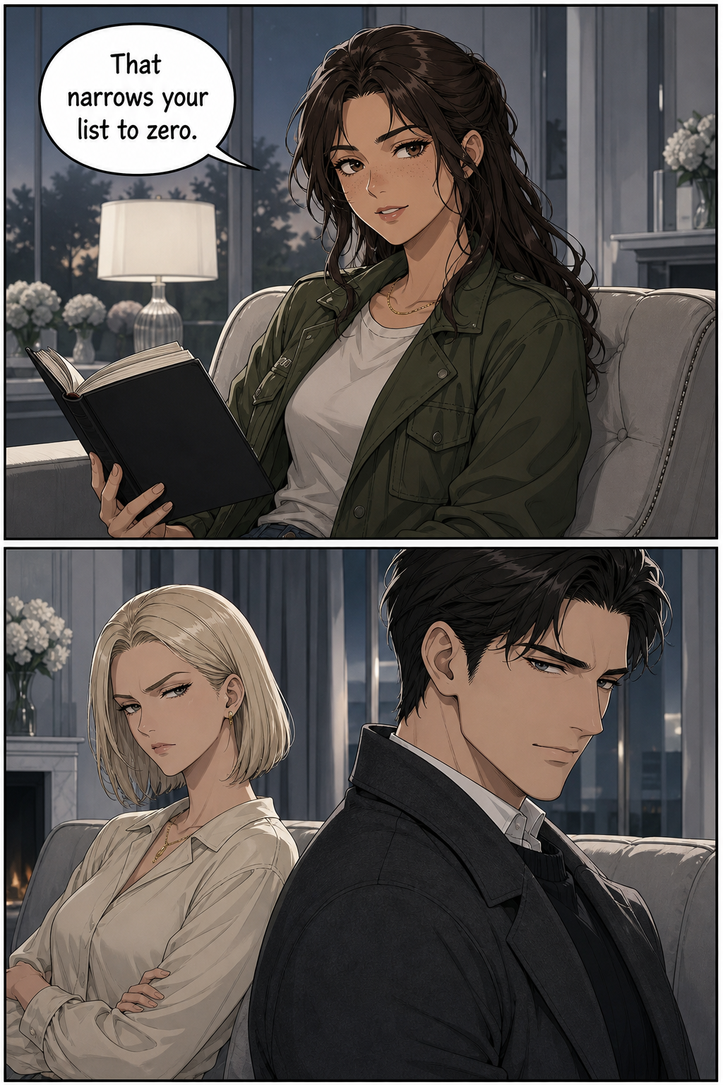 Lizzie lowers her book with a dry smile and a one-line jab; below, Caroline sours while Darcy fights a faint almost-smile.