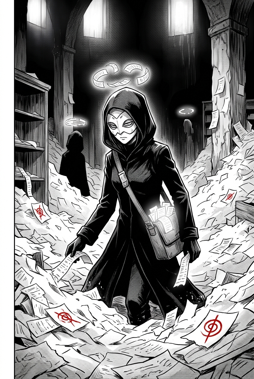 The masked courier wades through knee-deep drifts of torn receipts in the archive, some scraps marked with a red glyph, faint halos drifting behind her.