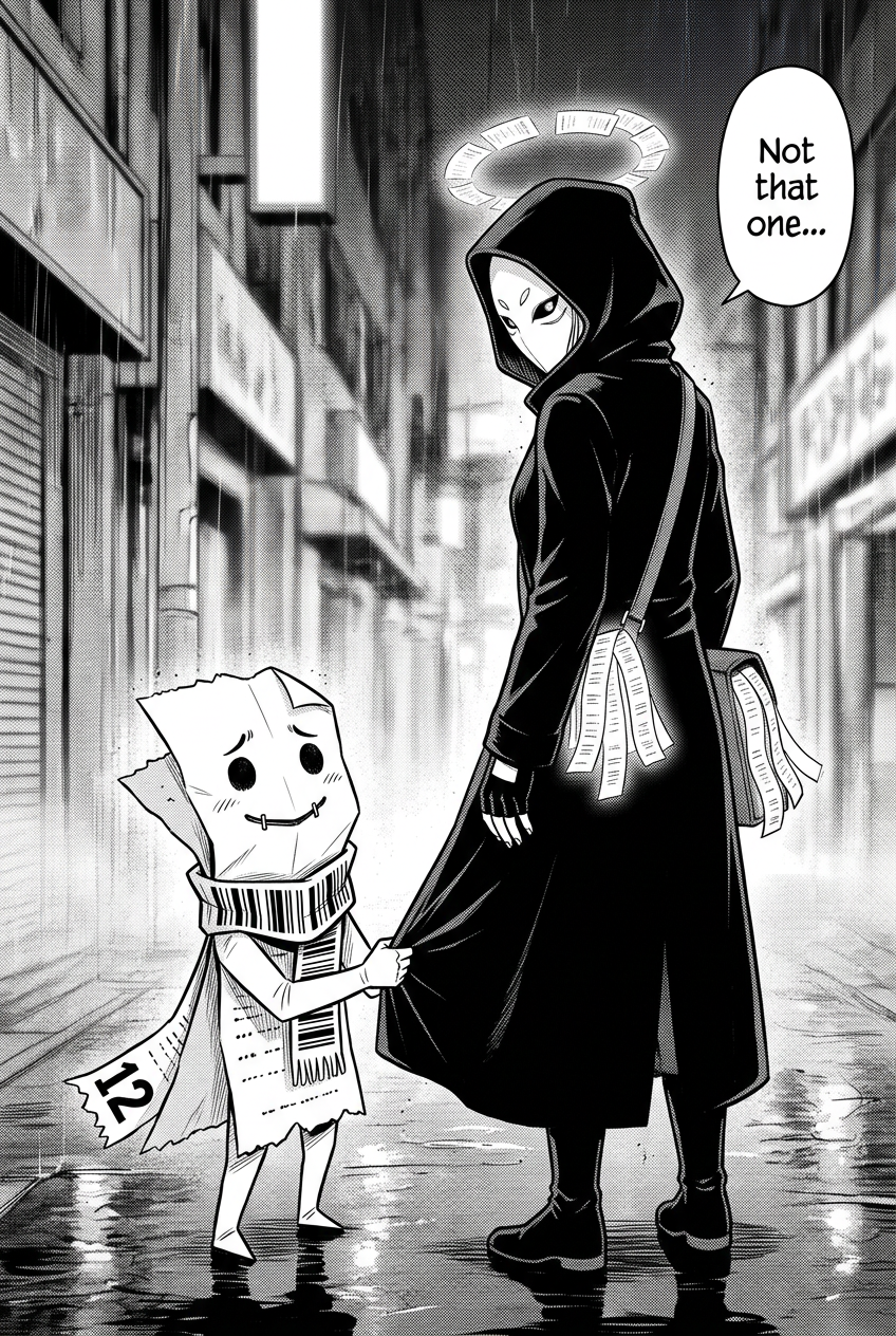 A small paper spirit made of folded receipts, with ink-dot eyes and a barcode scarf, tugs fearfully at the hem of the masked courier's coat in the rain.