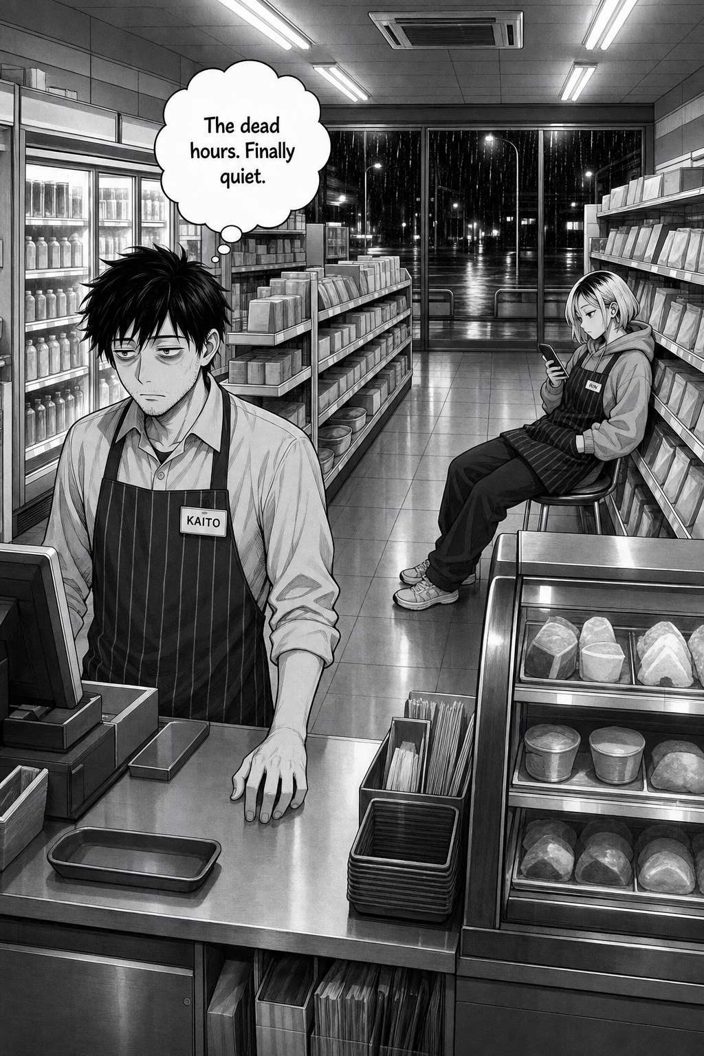 Wide night shot of a quiet 24-hour convenience store; Kaito stands alone behind the register while Rin sits on her phone at the far end of the counter.