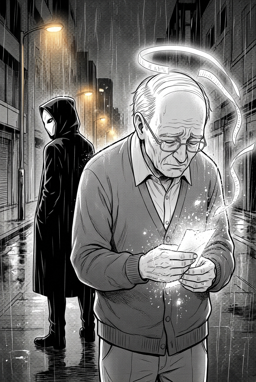 The old man weeps as the receipt dissolves into ash and light and a faint halo settles over his bowed head; the masked courier stands turned away, unmoved, in the background.