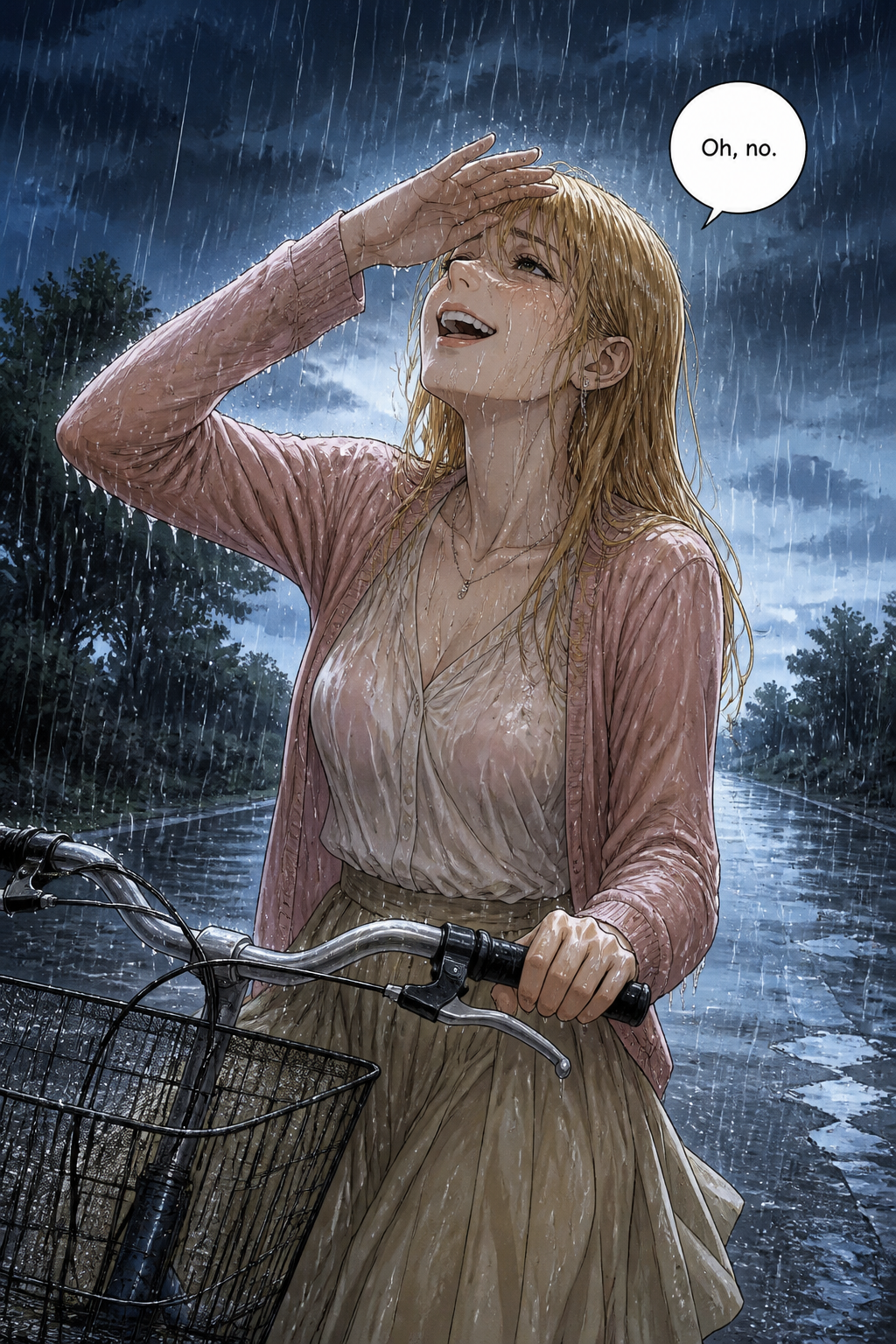 Jane, drenched by a sudden downpour on the open road, laughs in disbelief up at the sky while gripping her bike's handlebars.
