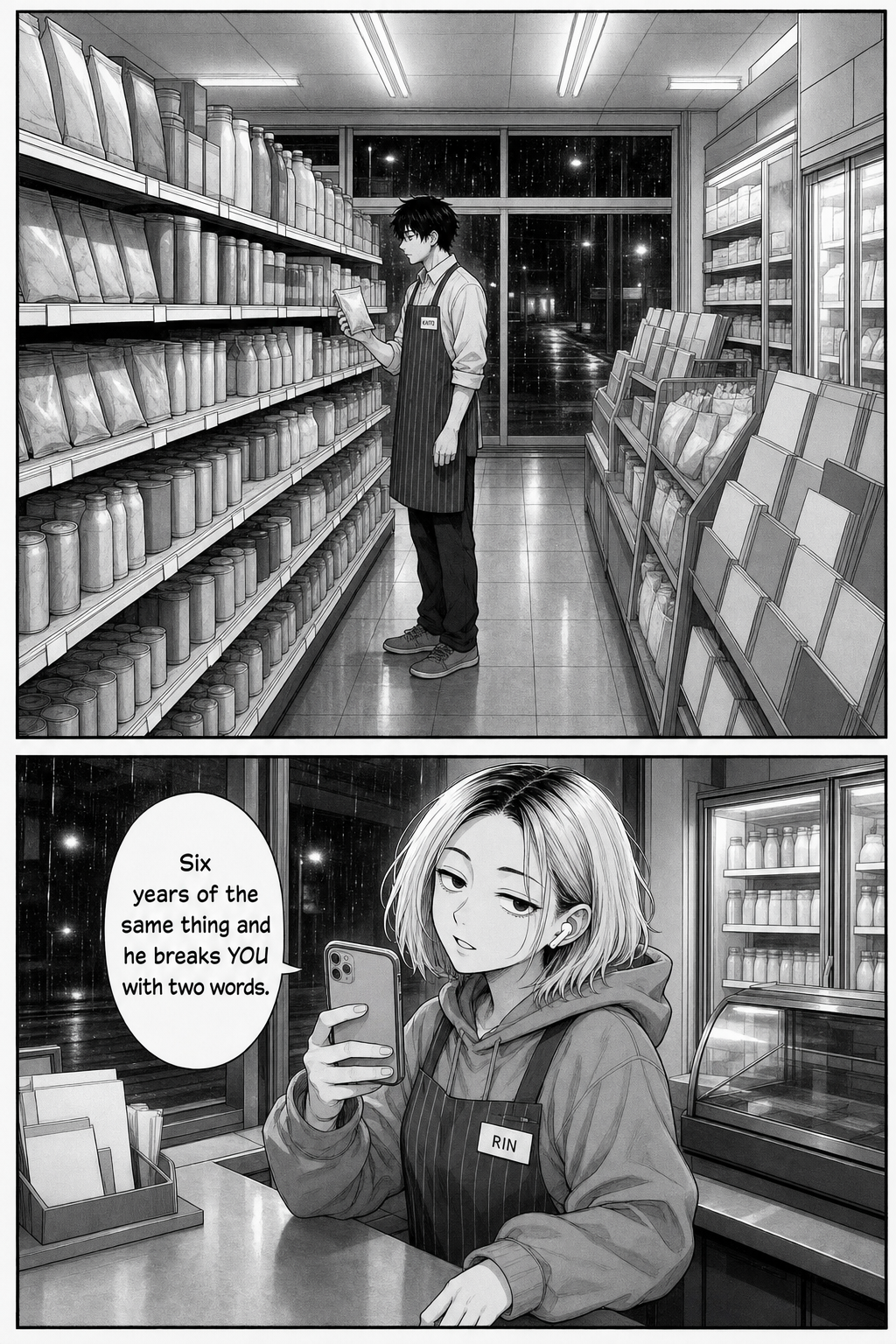 A small Kaito stands lost among the shelves; Rin notes that two words from the regular broke him.
