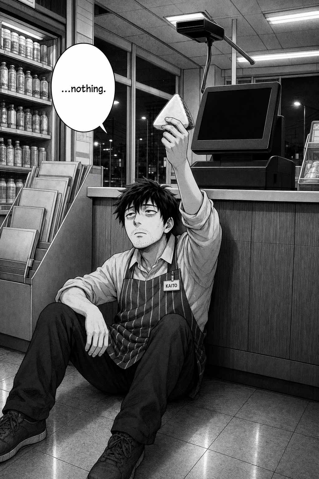From the floor, a slumped Kaito weakly lifts the rice ball toward the scanner above him — still nothing.