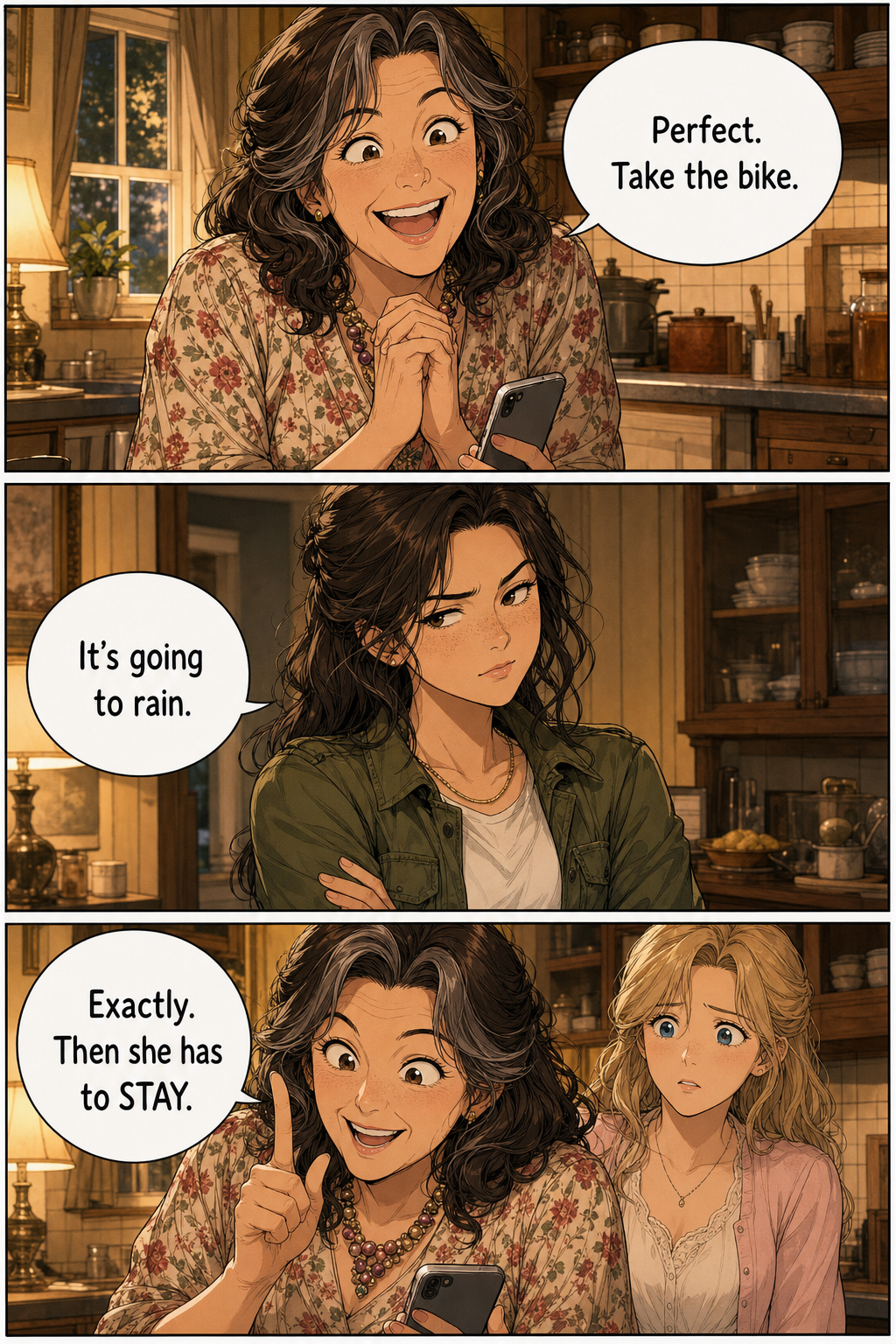 In three panels, Mrs. Bennet grins and schemes over the invitation, Lizzie looks skeptical with arms crossed, and Mrs. Bennet raises a triumphant finger while Jane looks alarmed.