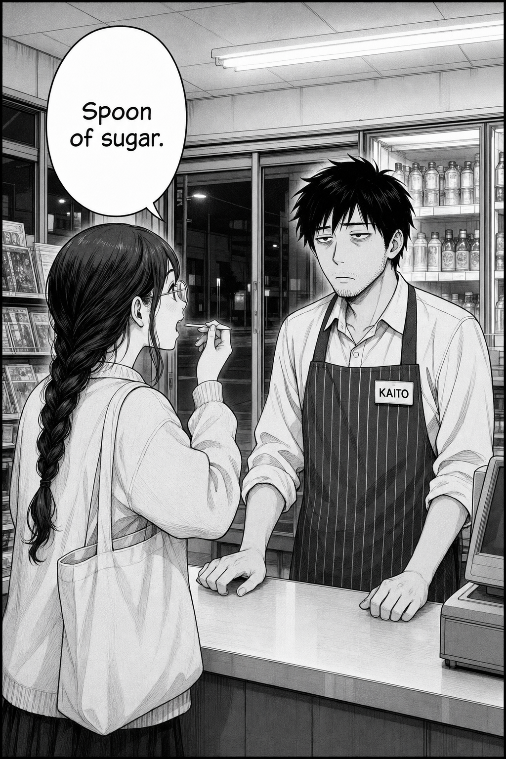 A young woman with a long braid, round glasses, cream cardigan and tote bag mimes a spoon to her mouth while advising Kaito across the counter.