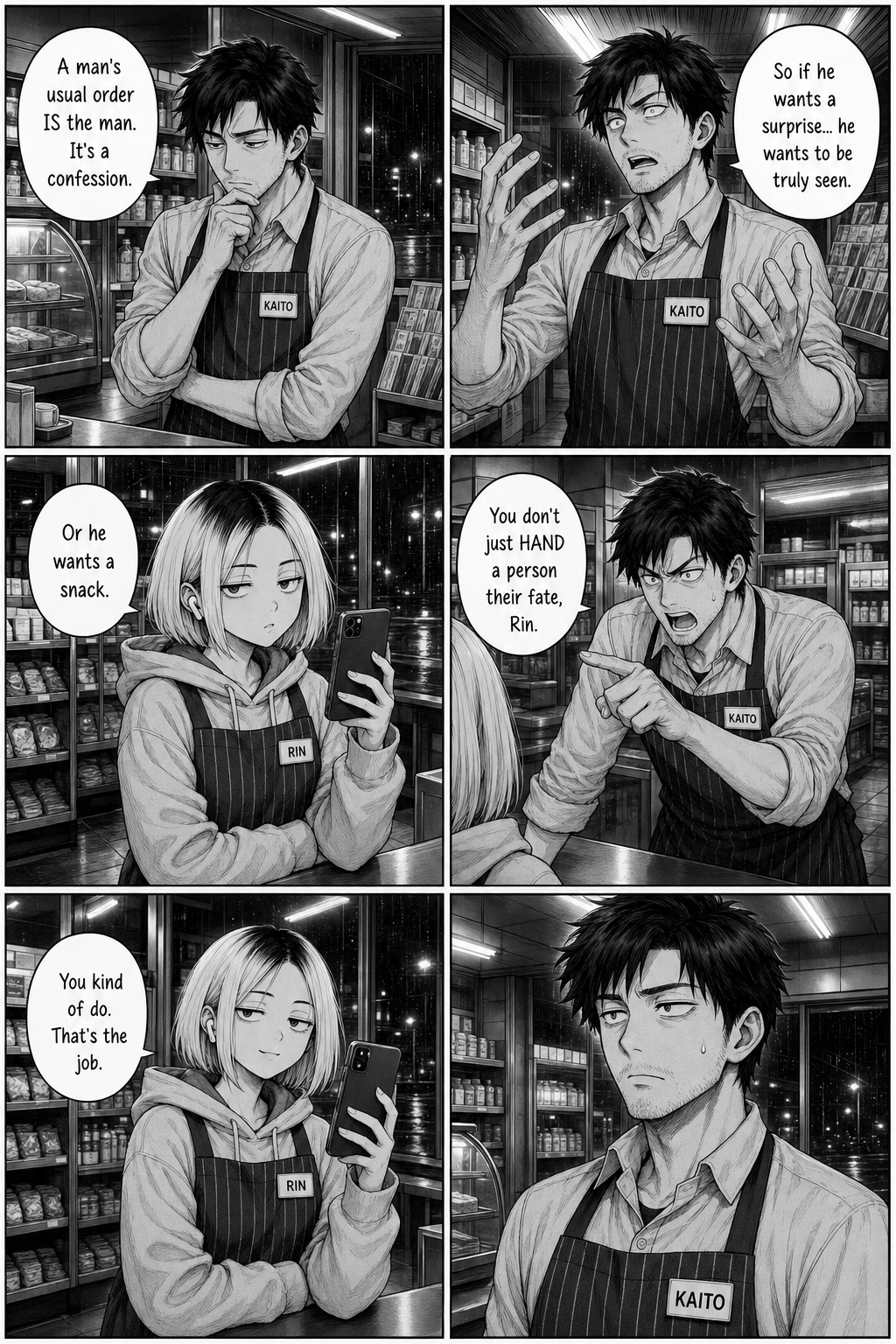 Kaito spirals into a theory that a person's usual order is a confession, while Rin deadpans that the man just wants a snack.